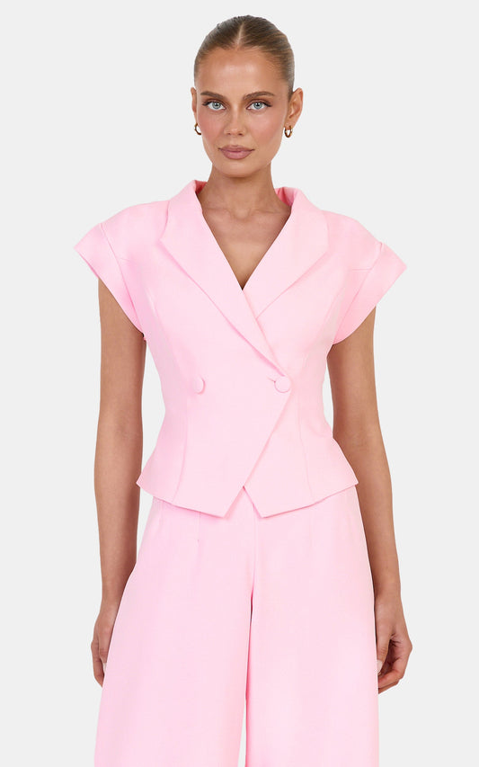 Poppy Top - Cap Sleeve Double Breasted Vest Top in Baby Pink