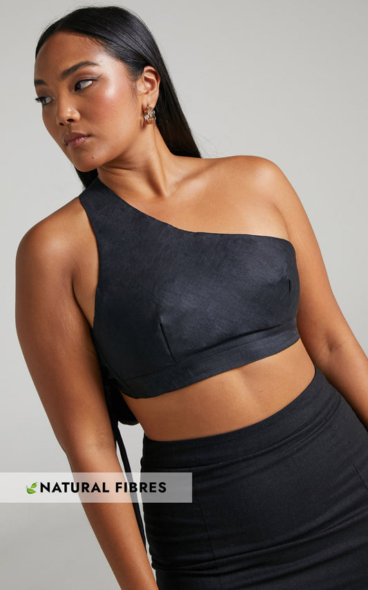 Amalie The Label - Lizzi Linen One Shoulder Tie Back Crop Linen Top in Black