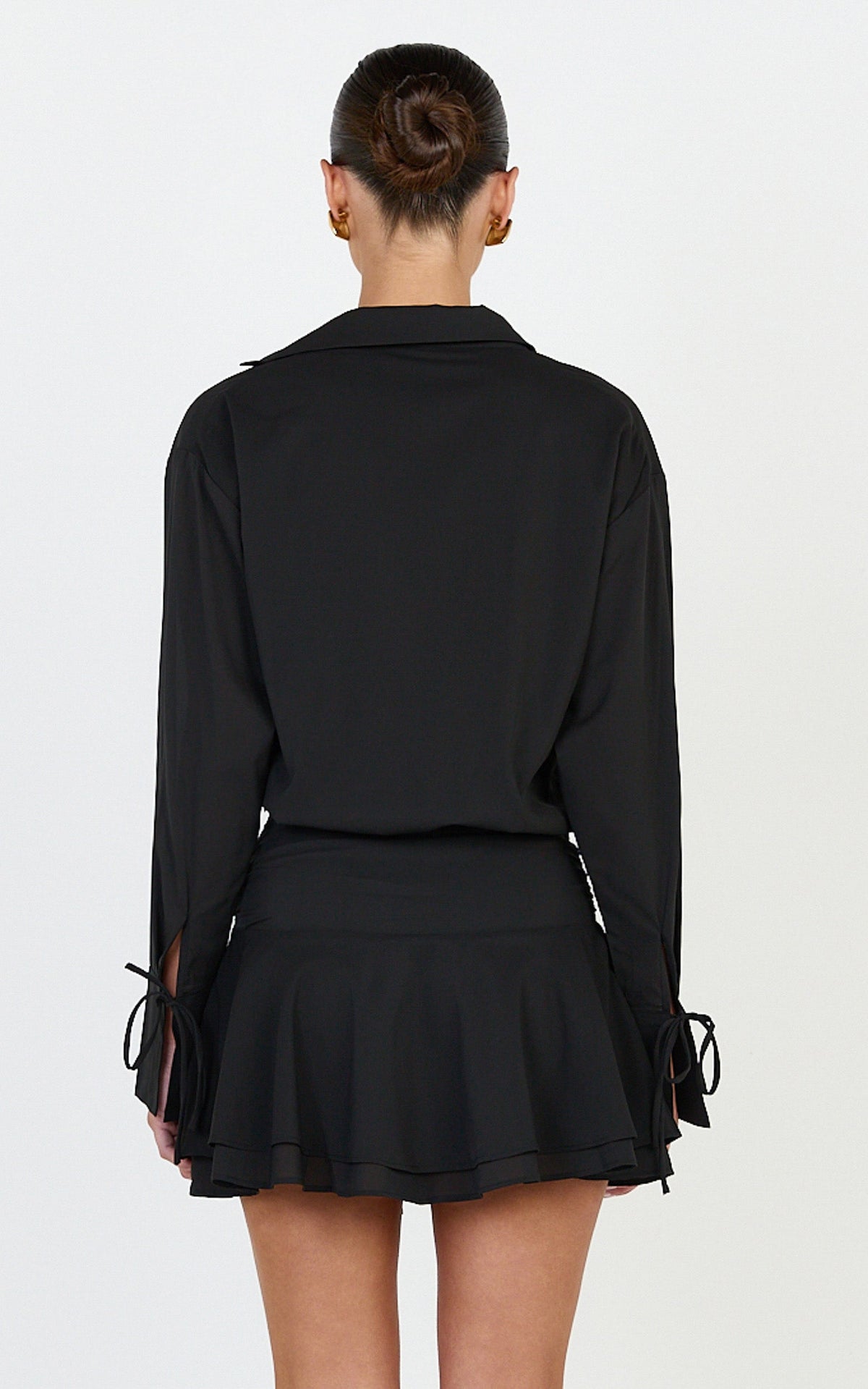Melanie Mini Dress -  Tie Front Long Sleeve Shirt Dress in Black