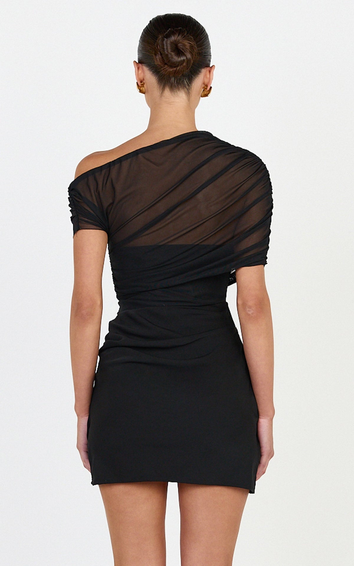Nami Mini Dress - Overlay Off Shoulder Draped Cowl Waist Dress in Black