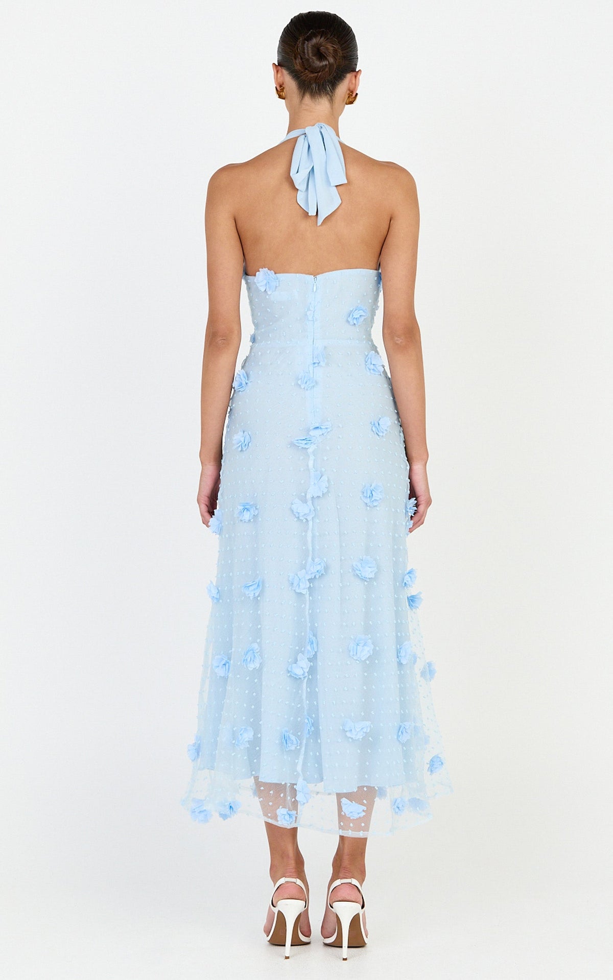 Azalea Midi Dress - Halter Neck 3D Floral Fit And Flare Dress in Blue