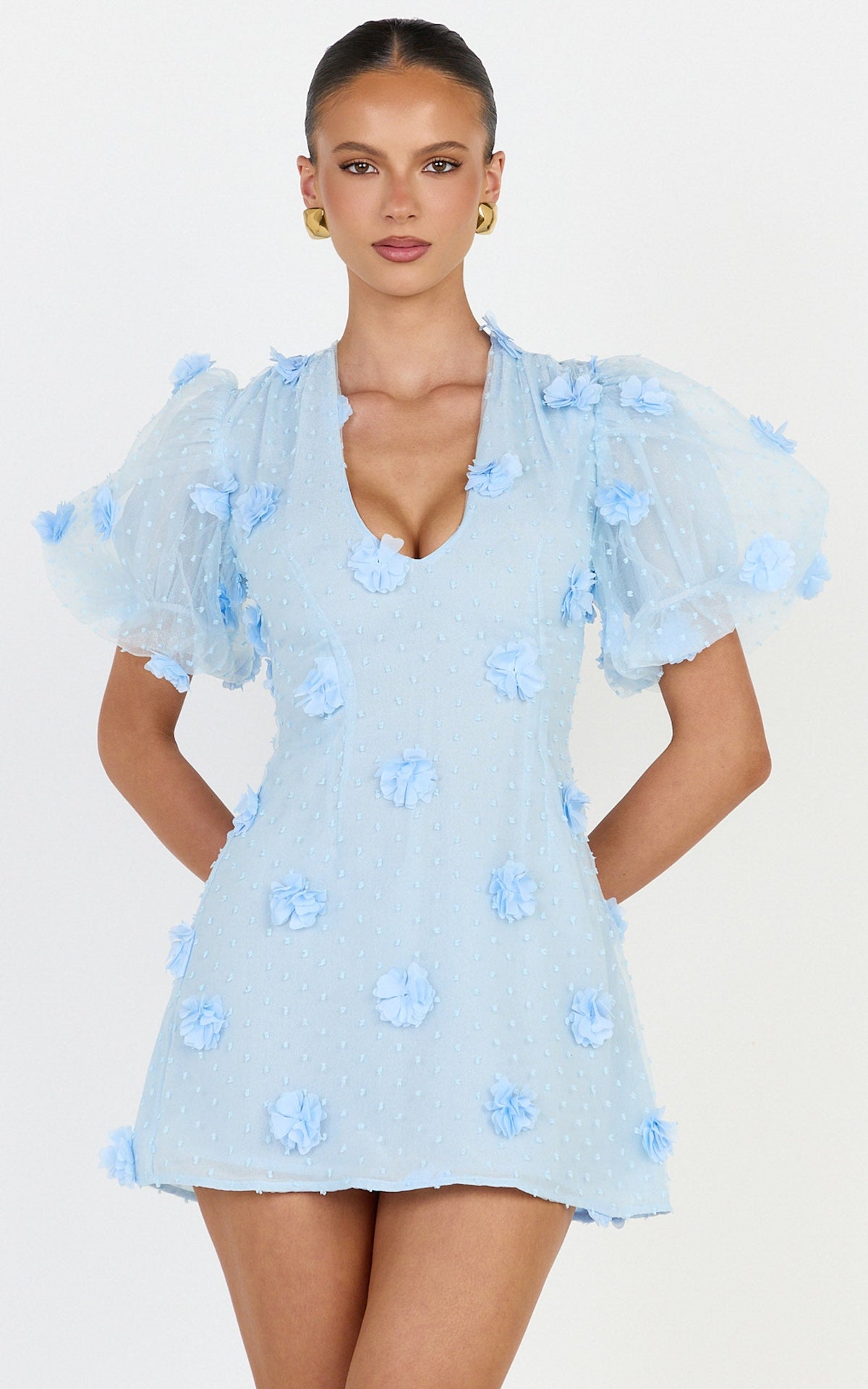 Azalea Mini Dress - Puff Sleeve 3D Floral A Line Dress in Blue
