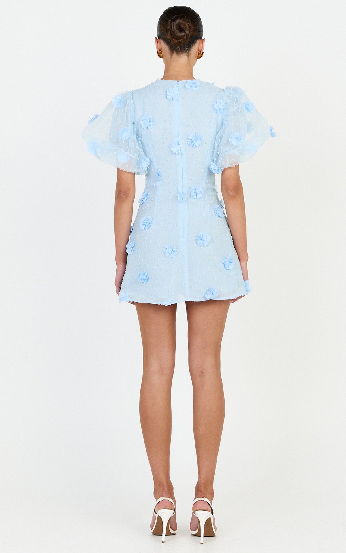 Azalea Mini Dress - Puff Sleeve 3D Floral A Line Dress in Blue