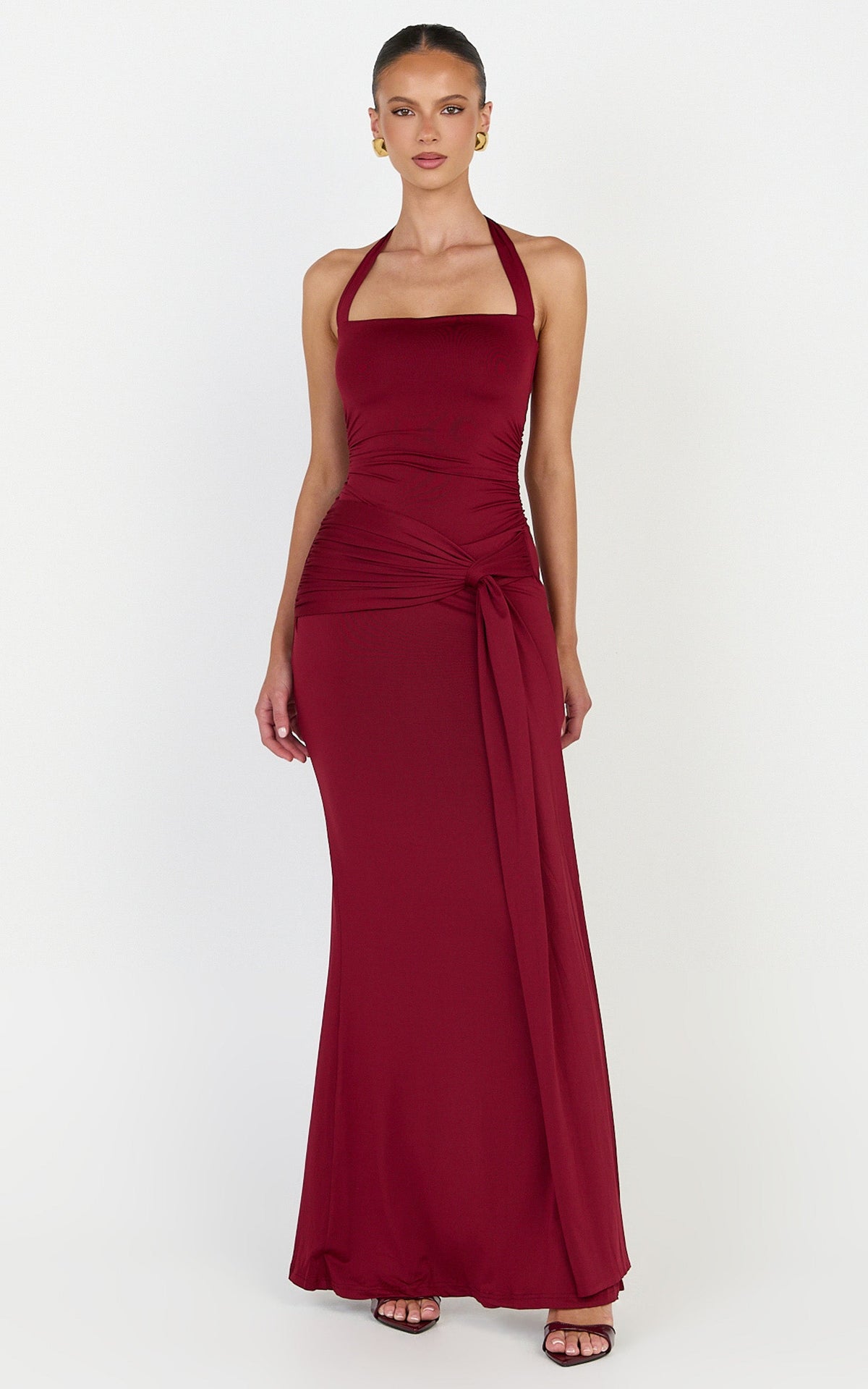 Amaya Maxi Dress - Draped Sash Halter Dress in Burgundy
