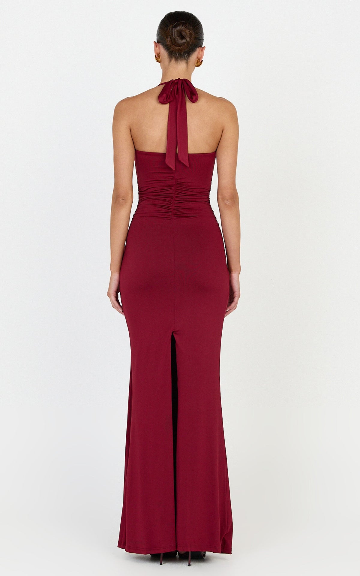Amaya Maxi Dress - Draped Sash Halter Dress in Burgundy