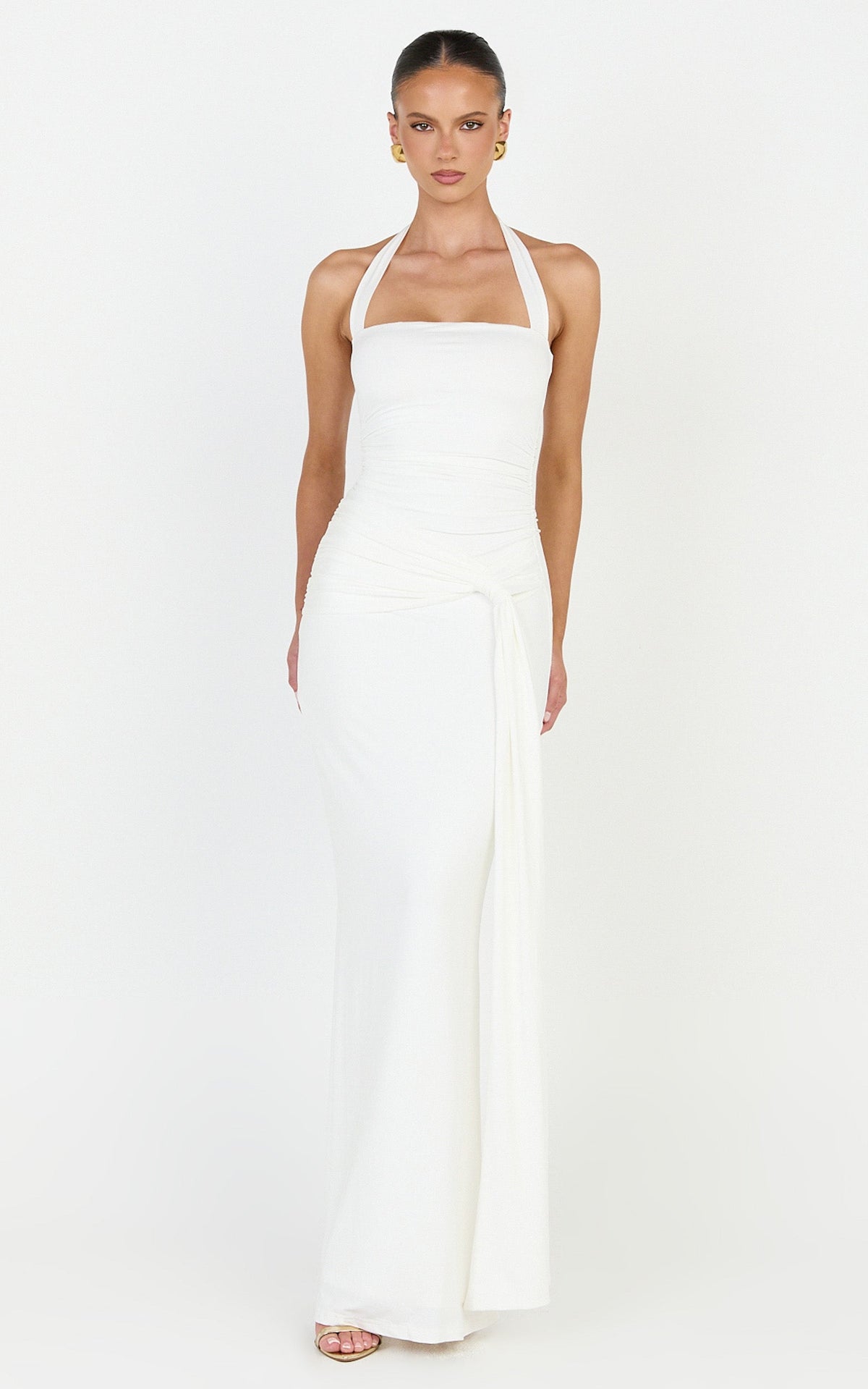 Amaya Maxi Dress - Draped Sash Halter Dress in White