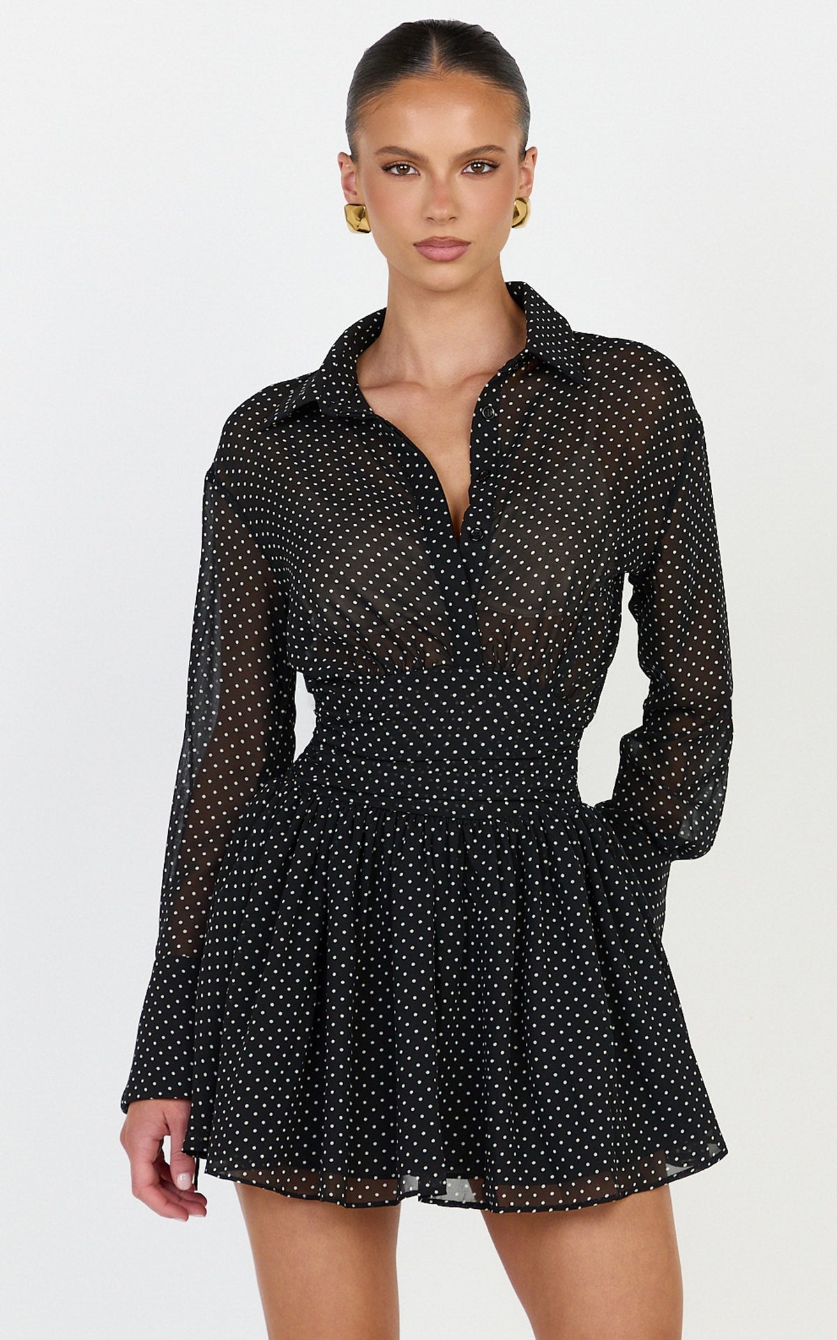 Valerie Mini Dress - Collared Long Sleeve Waist Shirt Dress in Black Polka Dot