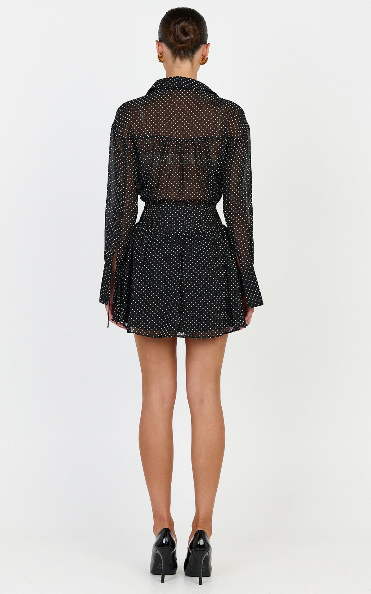 Valerie Mini Dress - Collared Long Sleeve Waist Shirt Dress in Black Polka Dot