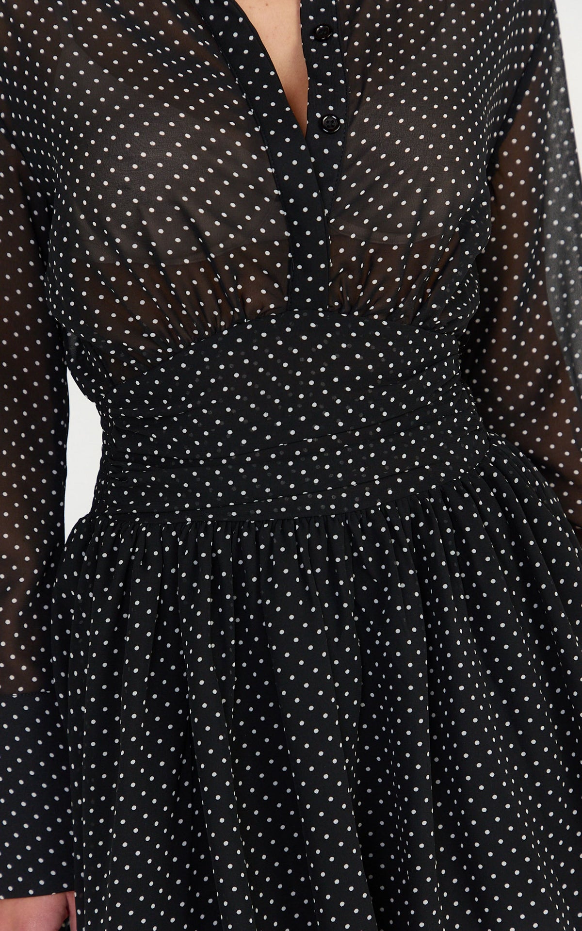 Valerie Mini Dress - Collared Long Sleeve Waist Shirt Dress in Black Polka Dot