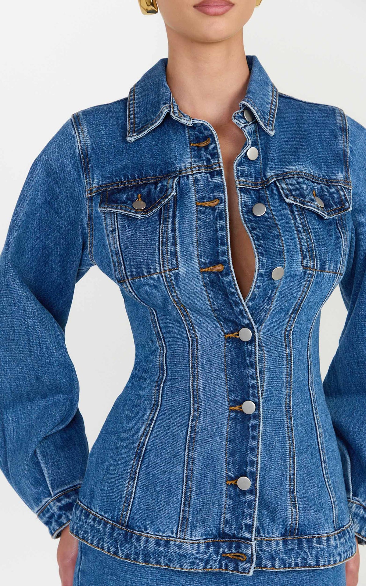Tianna Jacket - Long Sleeve Contoured Recycled Denim Jacket in Mid Blue Wash