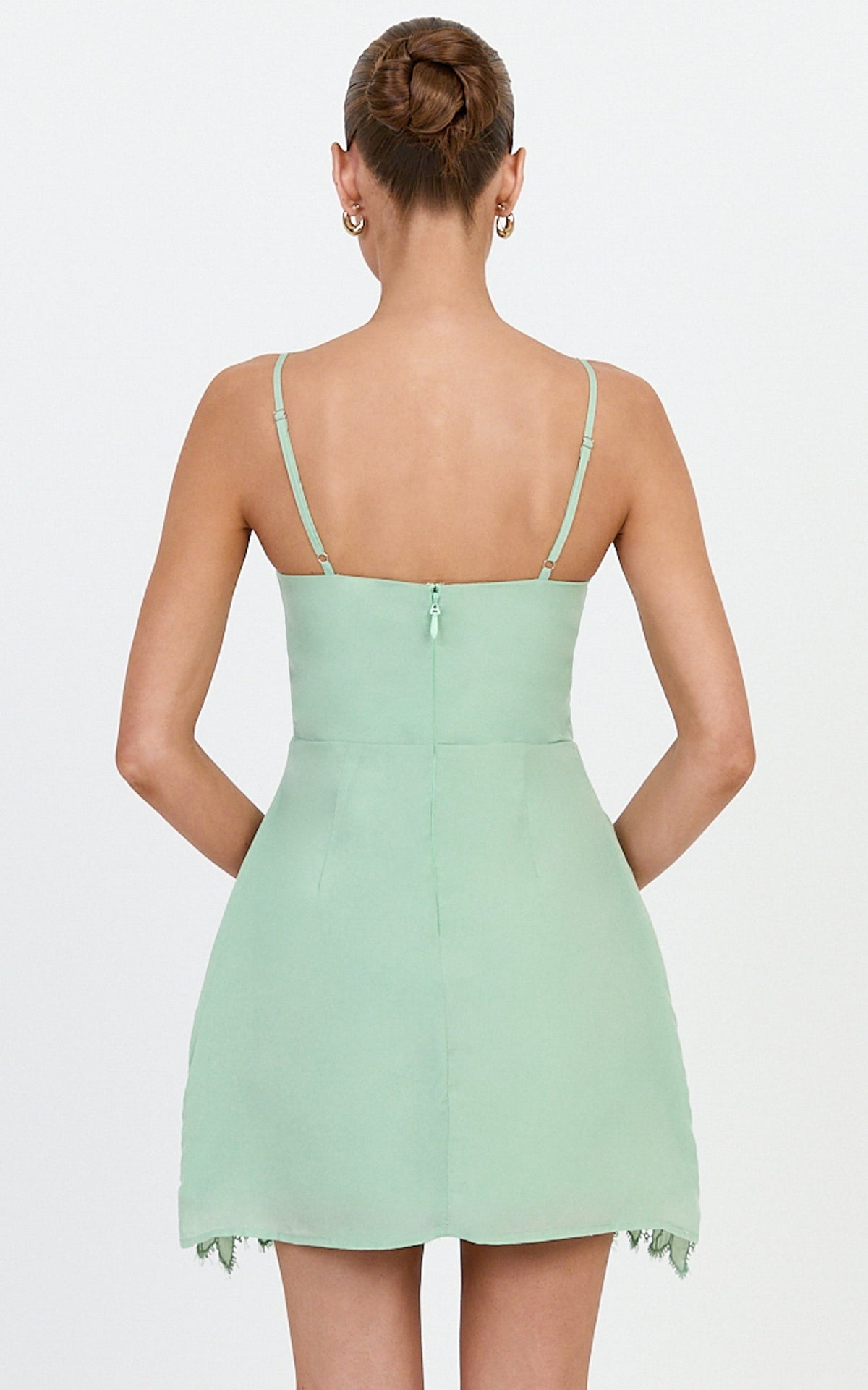 Maisie Mini Dress - Strapless Broderie Cut Out Border Hem Dress in Sage