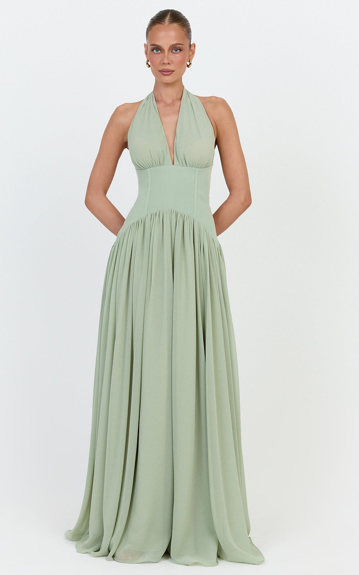 Josephine Maxi Dress - Contrast Corset Halter Neck Dress in Sage