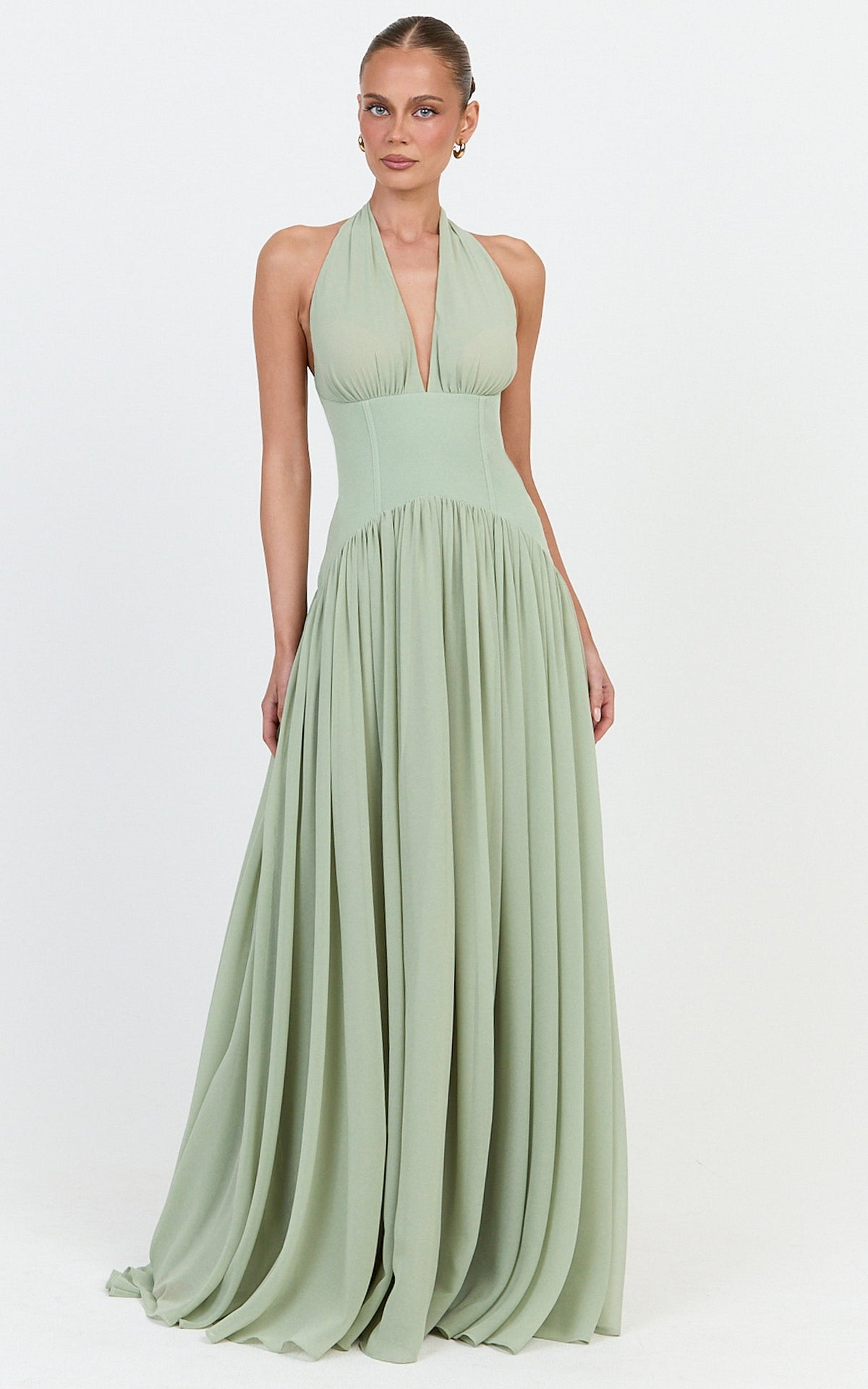 Josephine Maxi Dress - Contrast Corset Halter Neck Dress in Sage