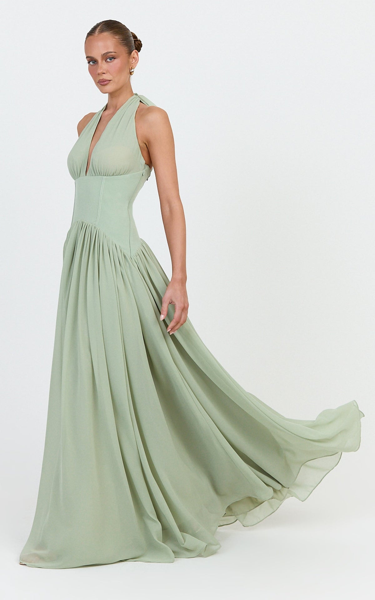 Josephine Maxi Dress - Contrast Corset Halter Neck Dress in Sage