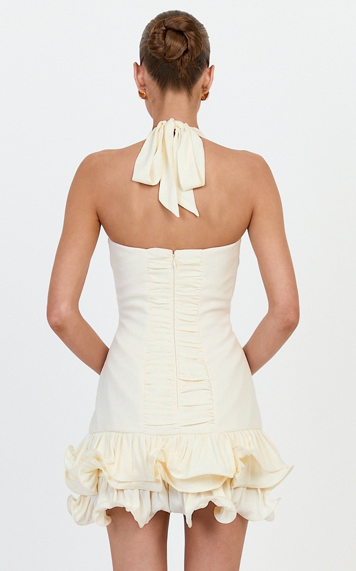 Aylin Mini Dress - Ruched Halter Dress With Ruffled Flounce Hem in Champagne
