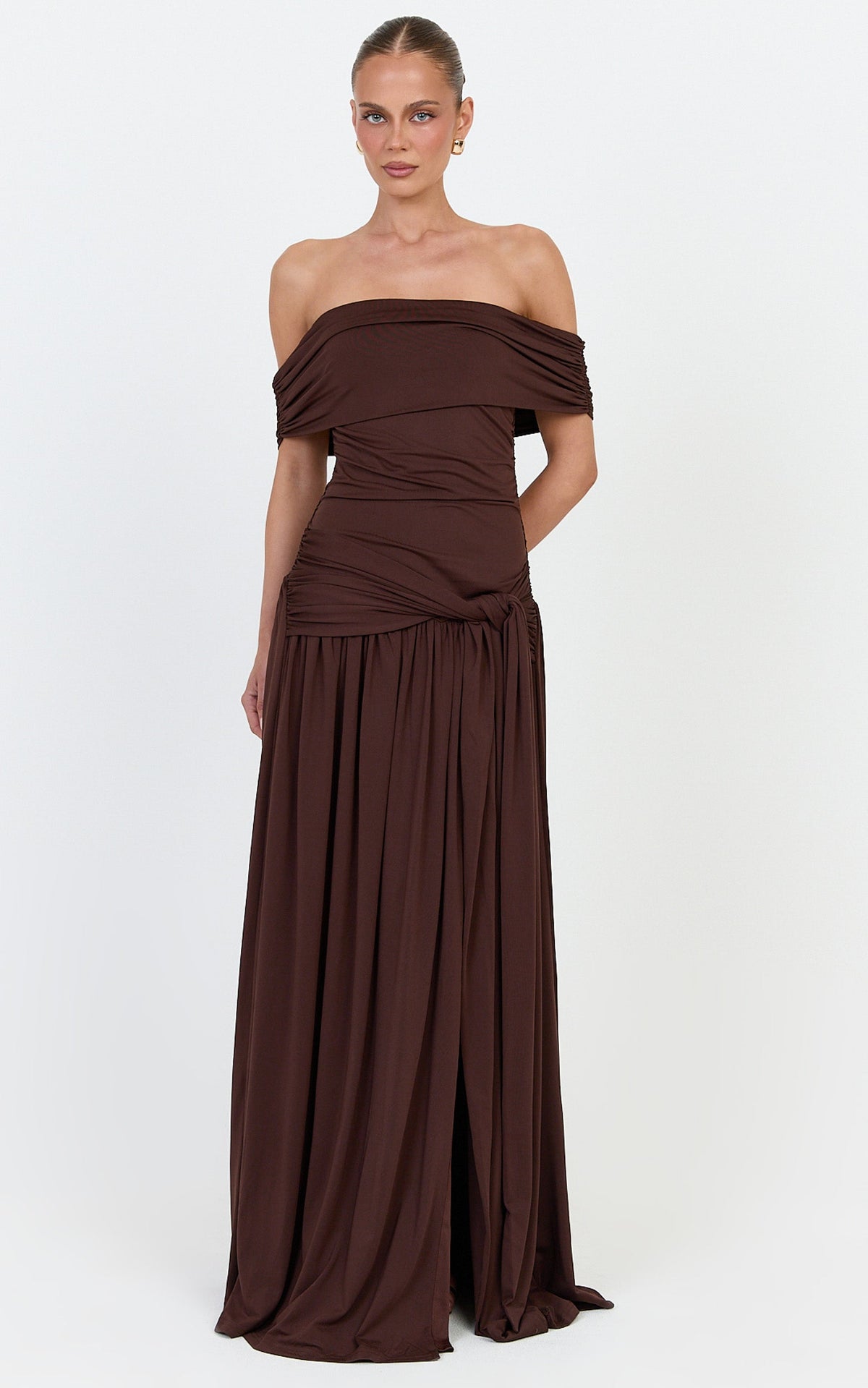 Bree Maxi Dress - Off Shoulder Draped Sash Dress in Chocolate