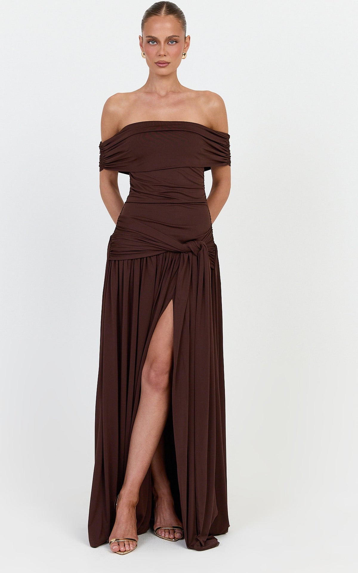 Bree Maxi Dress - Off Shoulder Draped Sash Dress in Chocolate