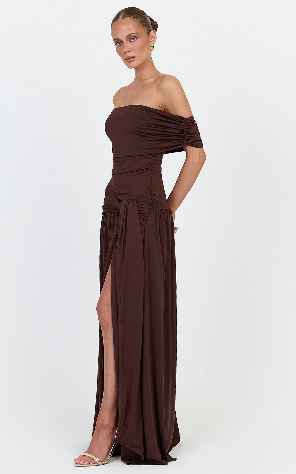 Bree Maxi Dress - Off Shoulder Draped Sash Dress in Chocolate