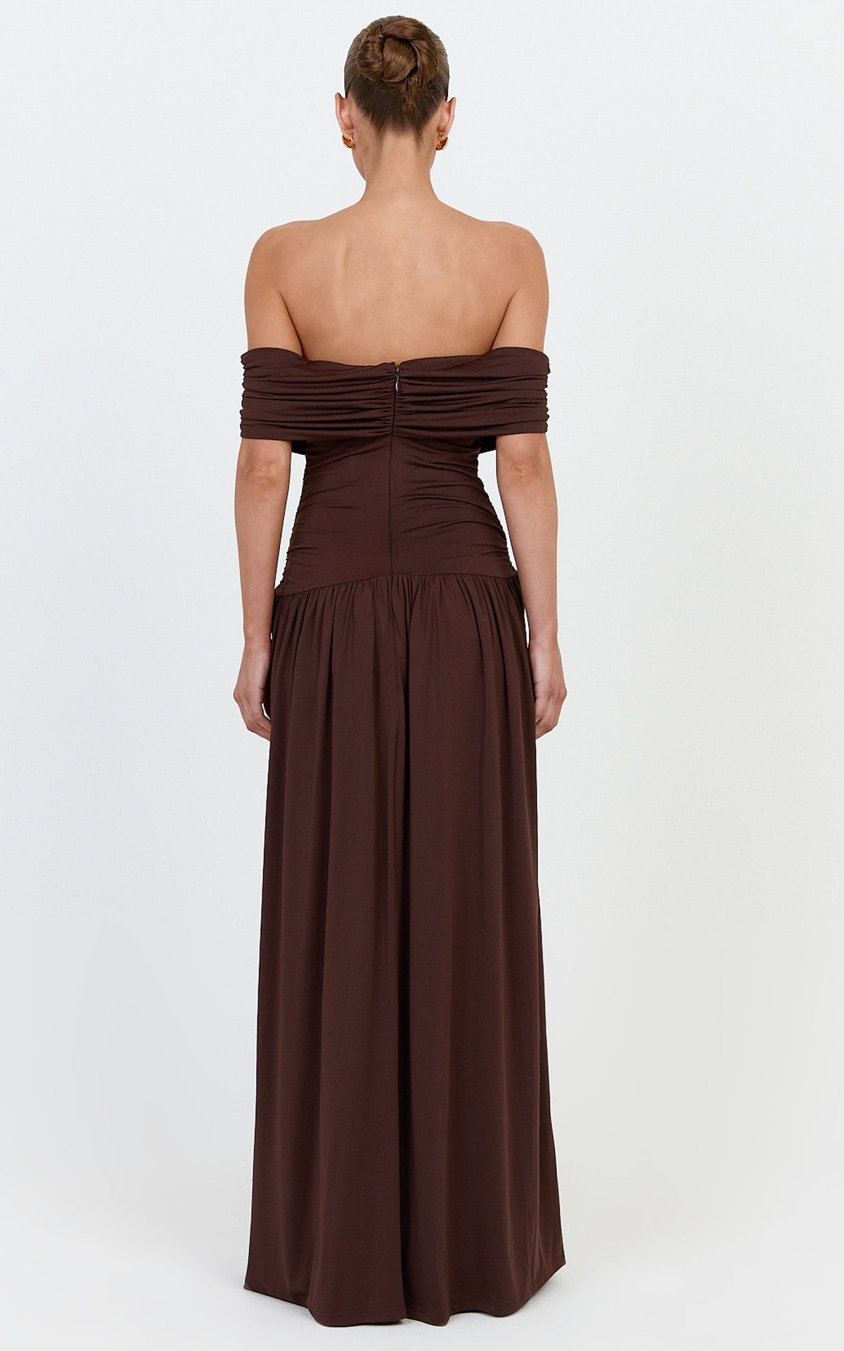 Bree Maxi Dress - Off Shoulder Draped Sash Dress in Chocolate
