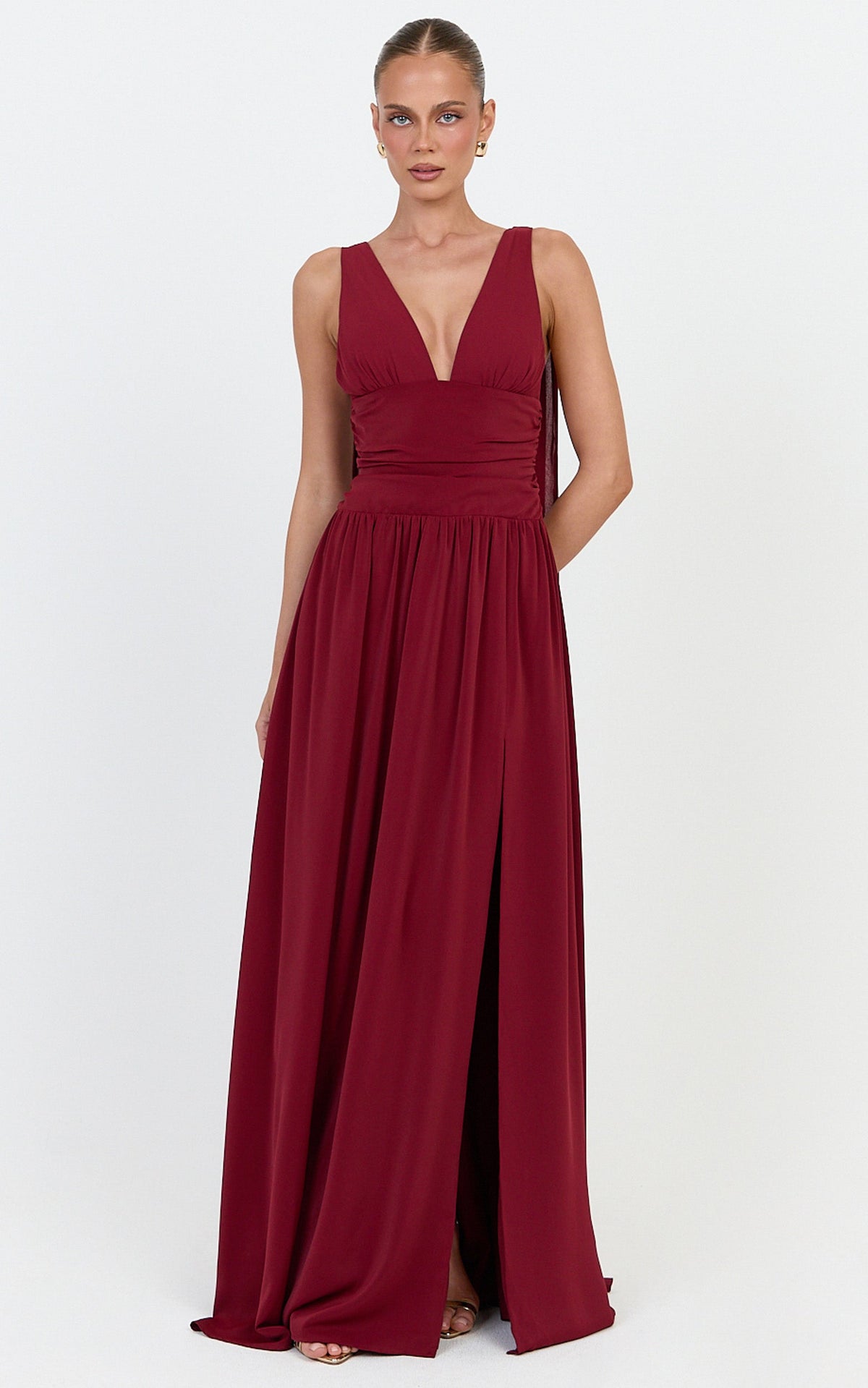 Tatiana Maxi Dress - Plunge Neckline Fit And Flare Dress in Wine