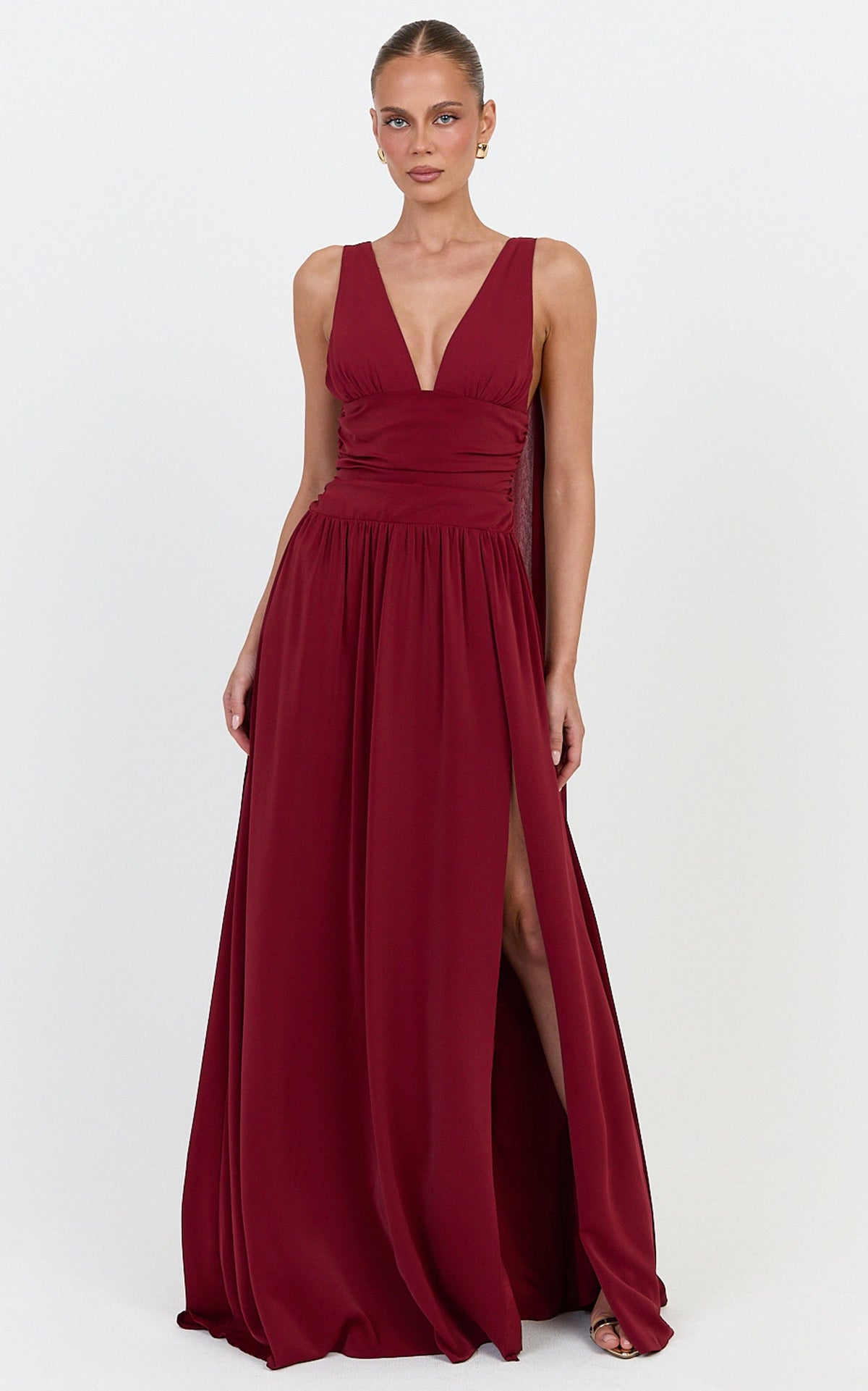 Tatiana Maxi Dress - Plunge Neckline Fit And Flare Dress in Wine