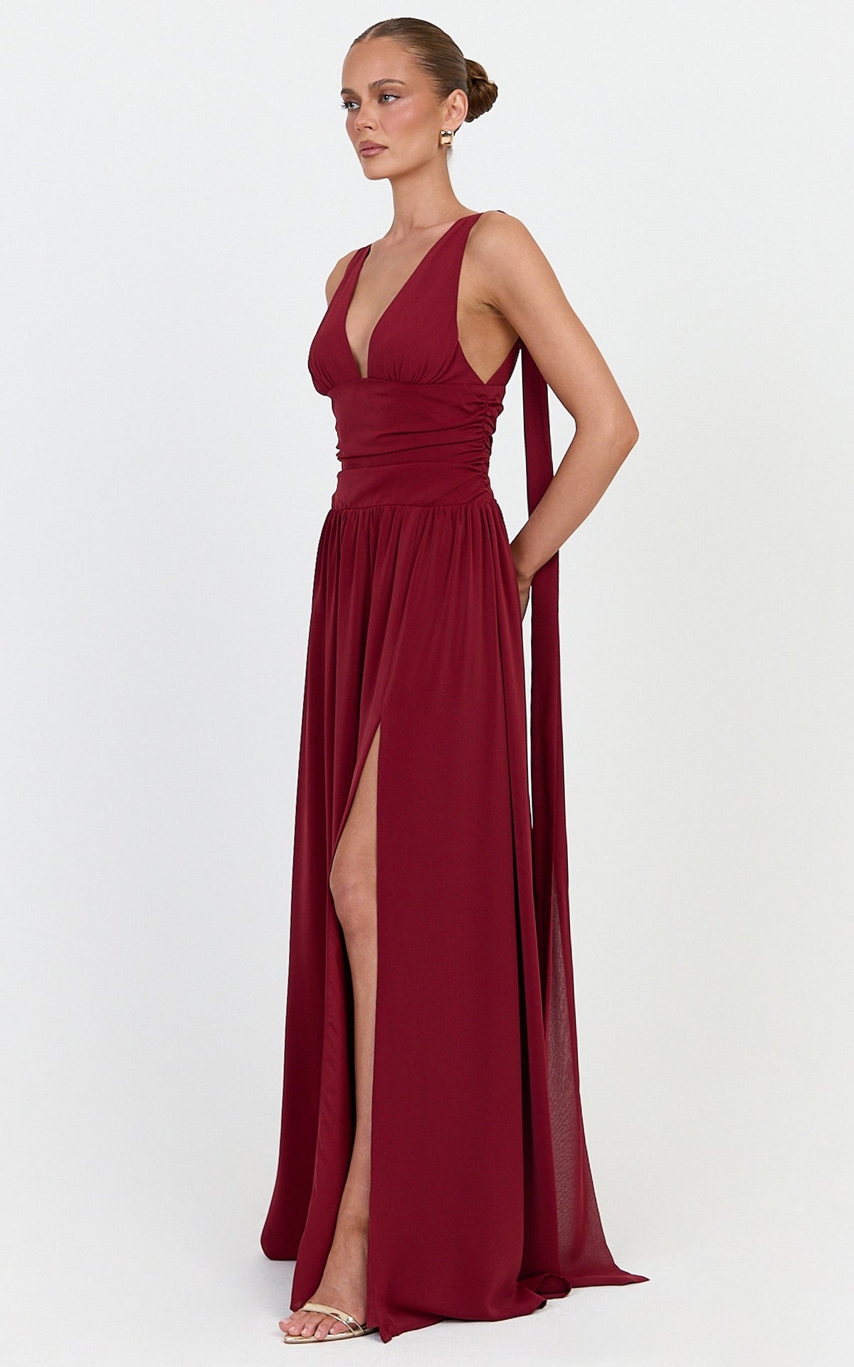 Tatiana Maxi Dress - Plunge Neckline Fit And Flare Dress in Wine