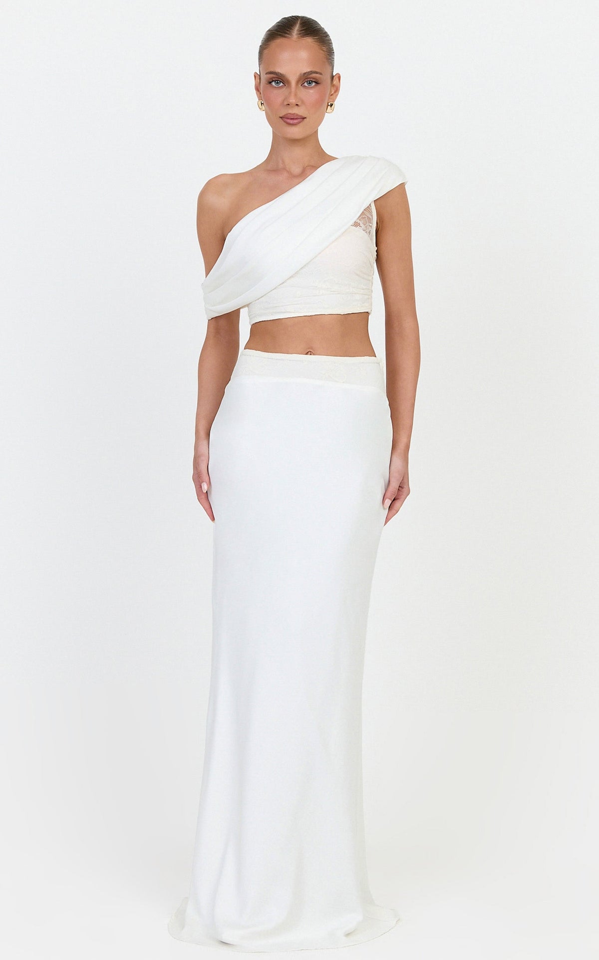 Genevieve Two Piece Set - Off Shoulder Draped Top And Satin Maxi Skirt Set With Lace Trim in Ivory