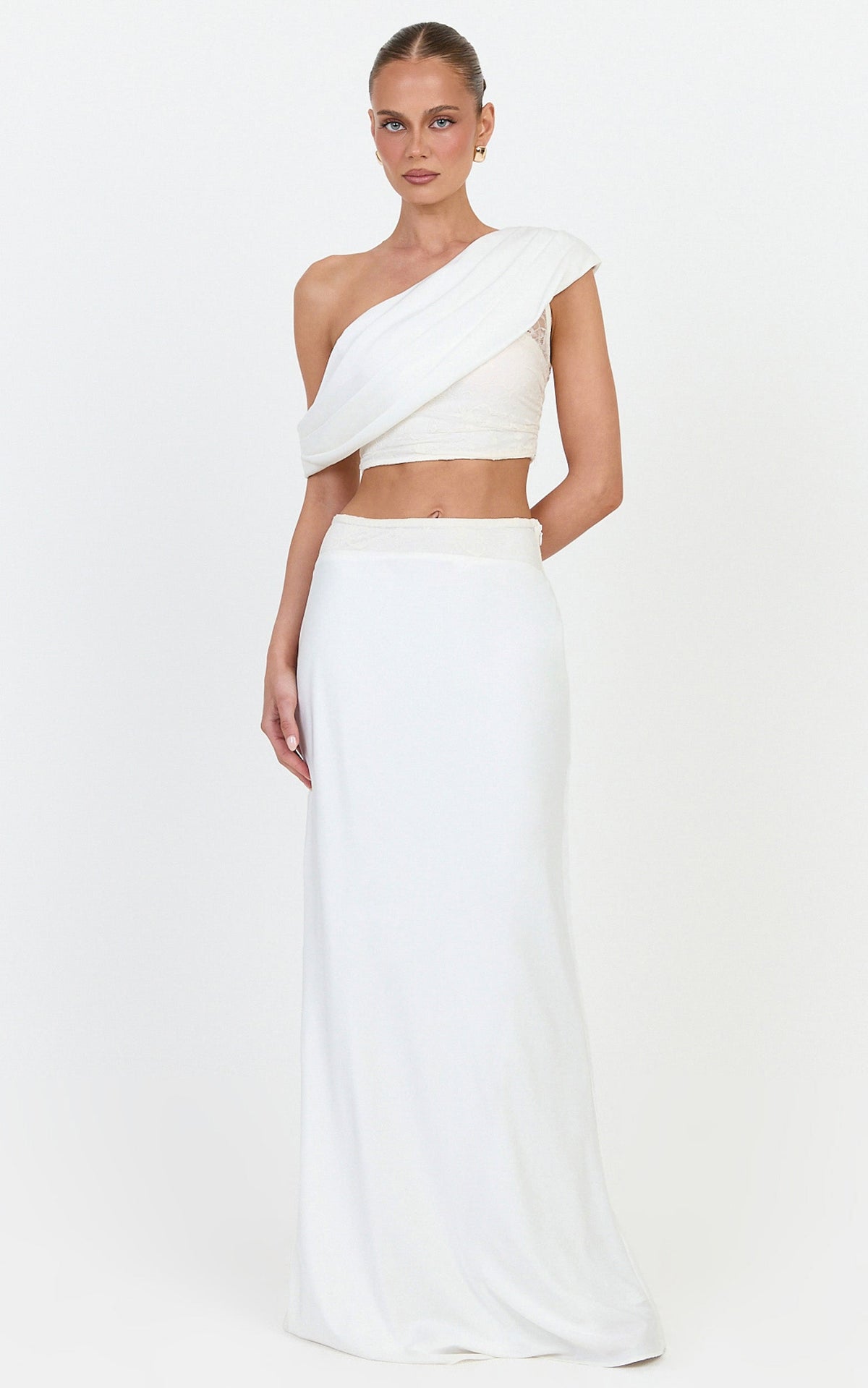 Genevieve Two Piece Set - Off Shoulder Draped Top And Satin Maxi Skirt Set With Lace Trim in Ivory