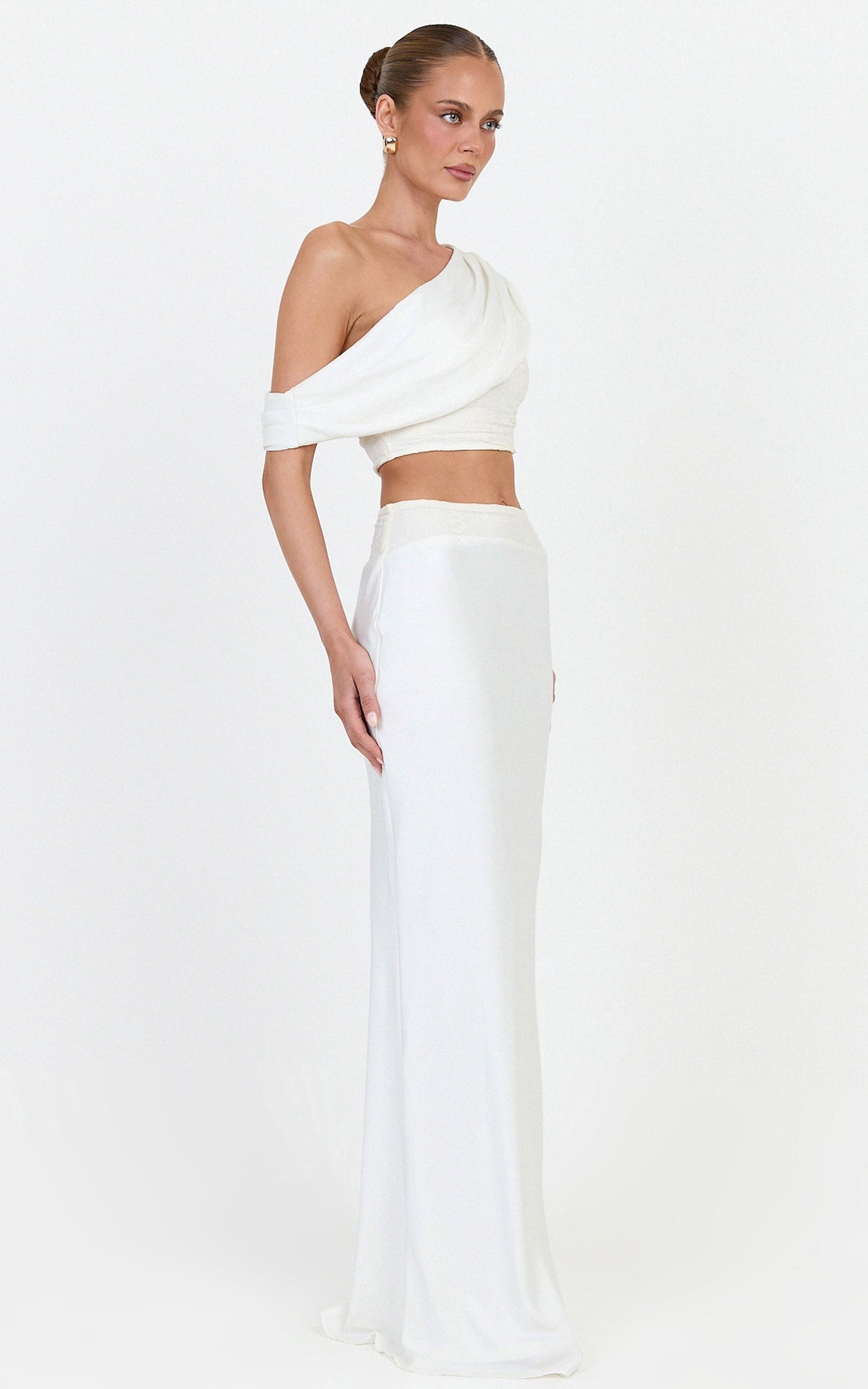 Genevieve Two Piece Set - Off Shoulder Draped Top And Satin Maxi Skirt Set With Lace Trim in Ivory