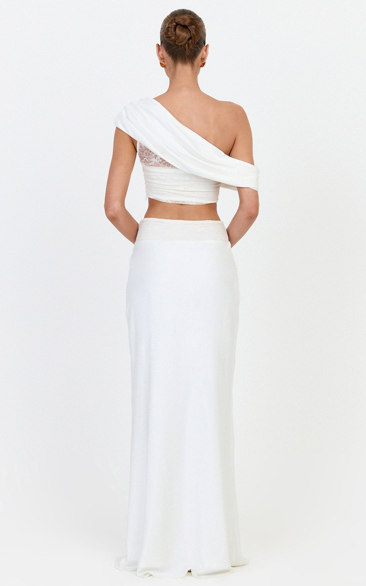 Genevieve Two Piece Set - Off Shoulder Draped Top And Satin Maxi Skirt Set With Lace Trim in Ivory