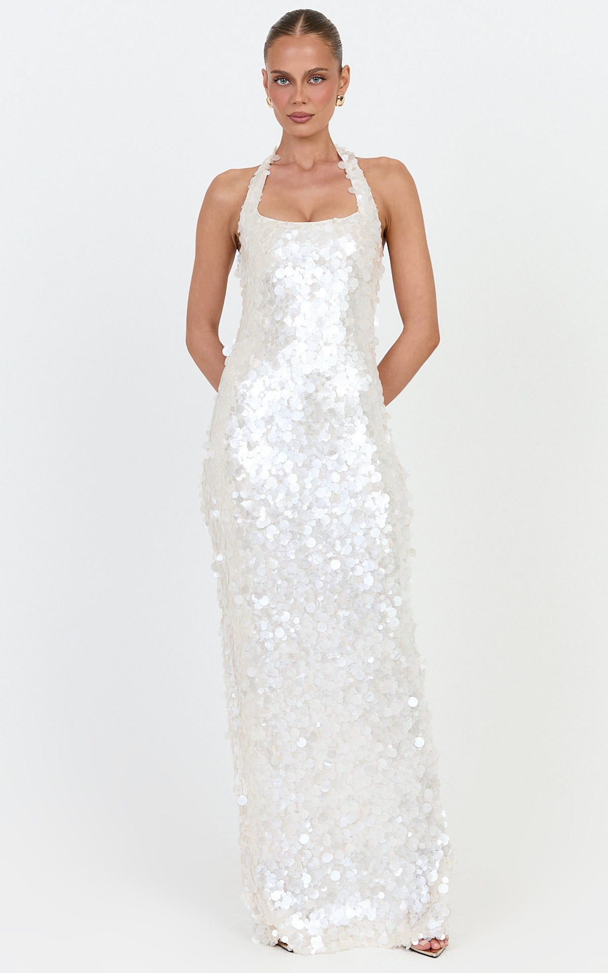 Alexandria Maxi Dress - Halter Neck Sequin Dress in Pearl