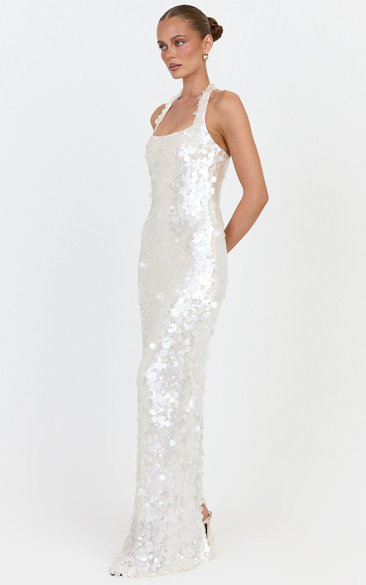 Alexandria Maxi Dress - Halter Neck Sequin Dress in Pearl