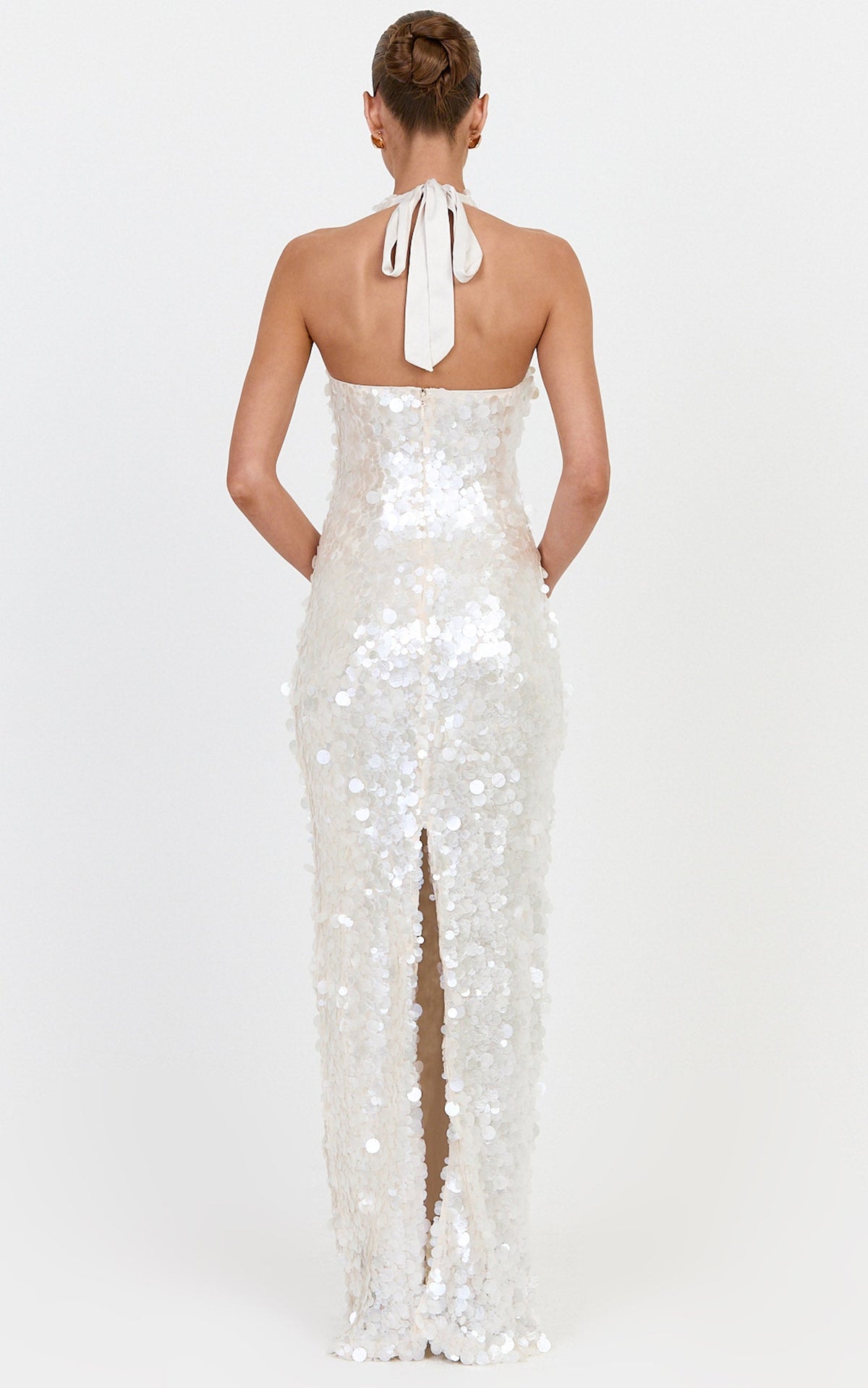 Alexandria Maxi Dress - Halter Neck Sequin Dress in Pearl