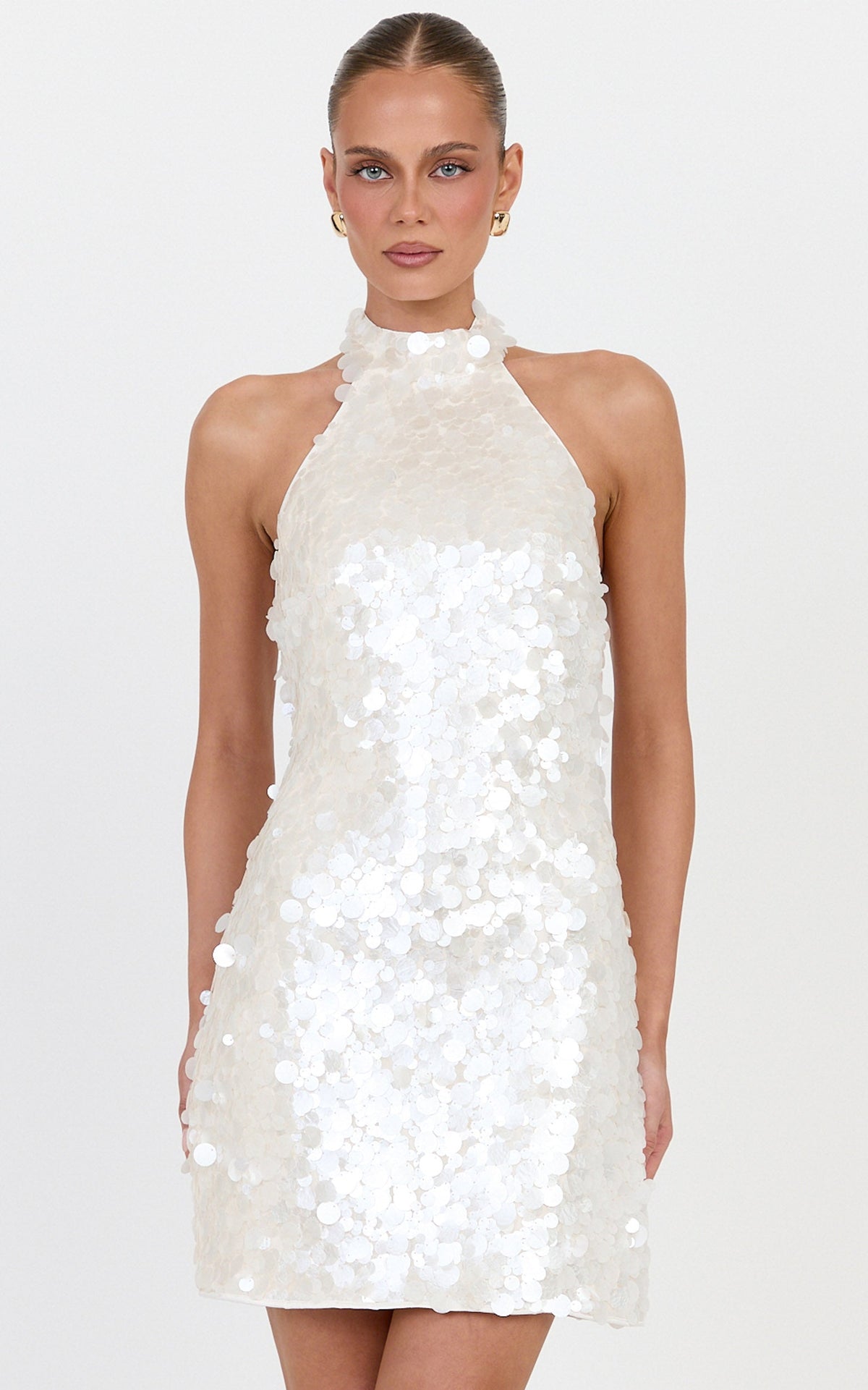 Alexandria Mini Dress - Halter Neck Sequin Backless Dress in Pearl