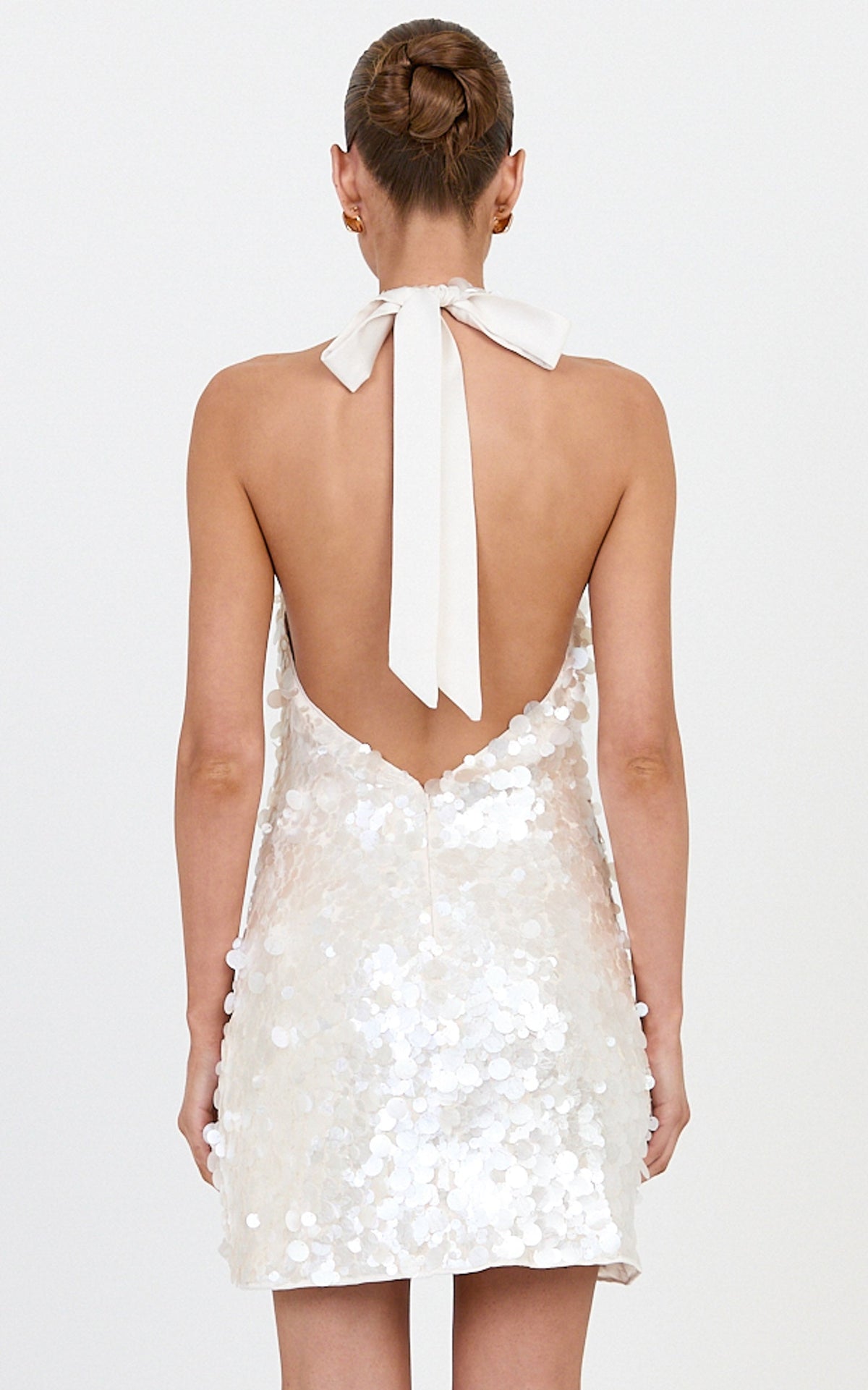 Alexandria Mini Dress - Halter Neck Sequin Backless Dress in Pearl