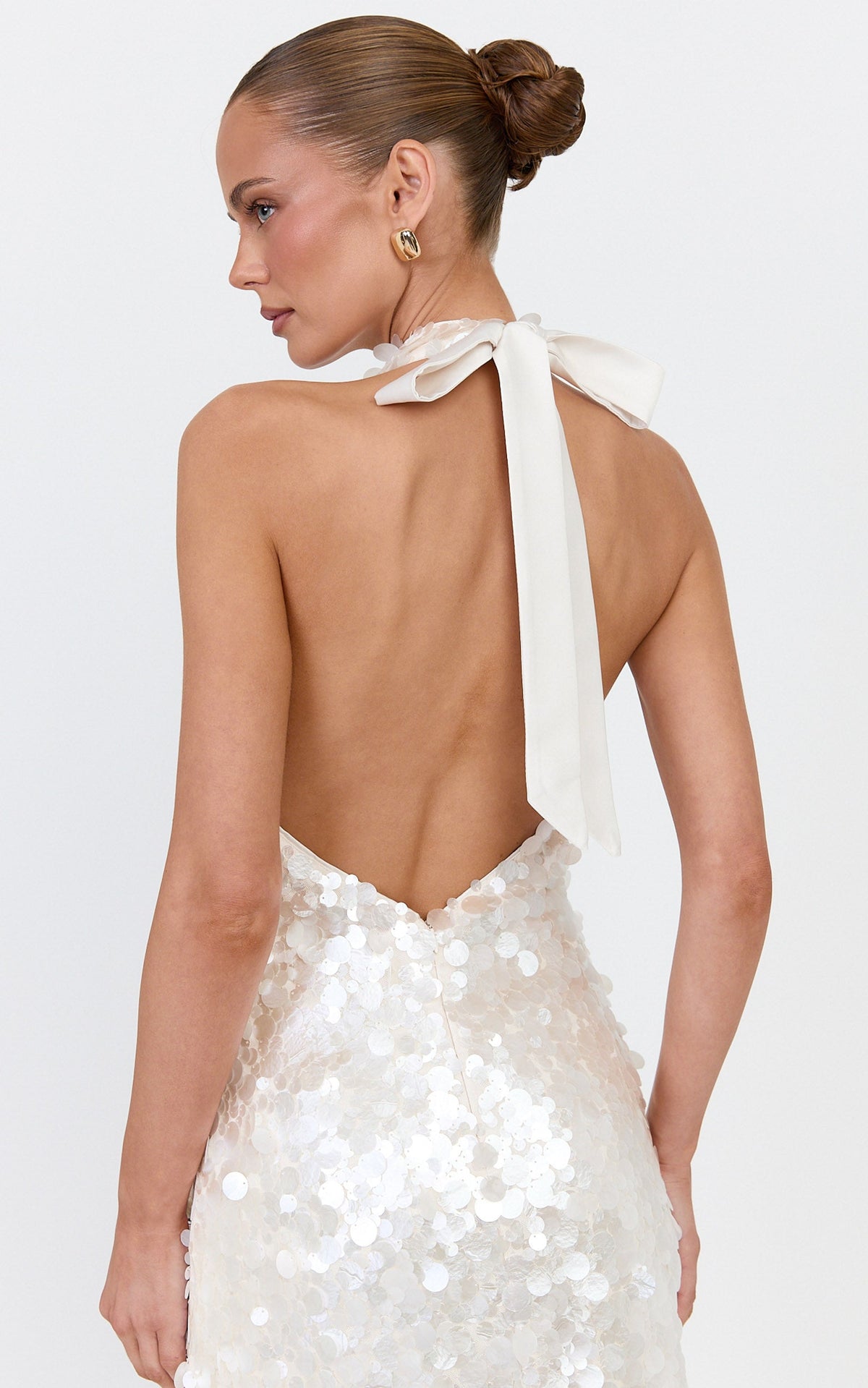 Alexandria Mini Dress - Halter Neck Sequin Backless Dress in Pearl