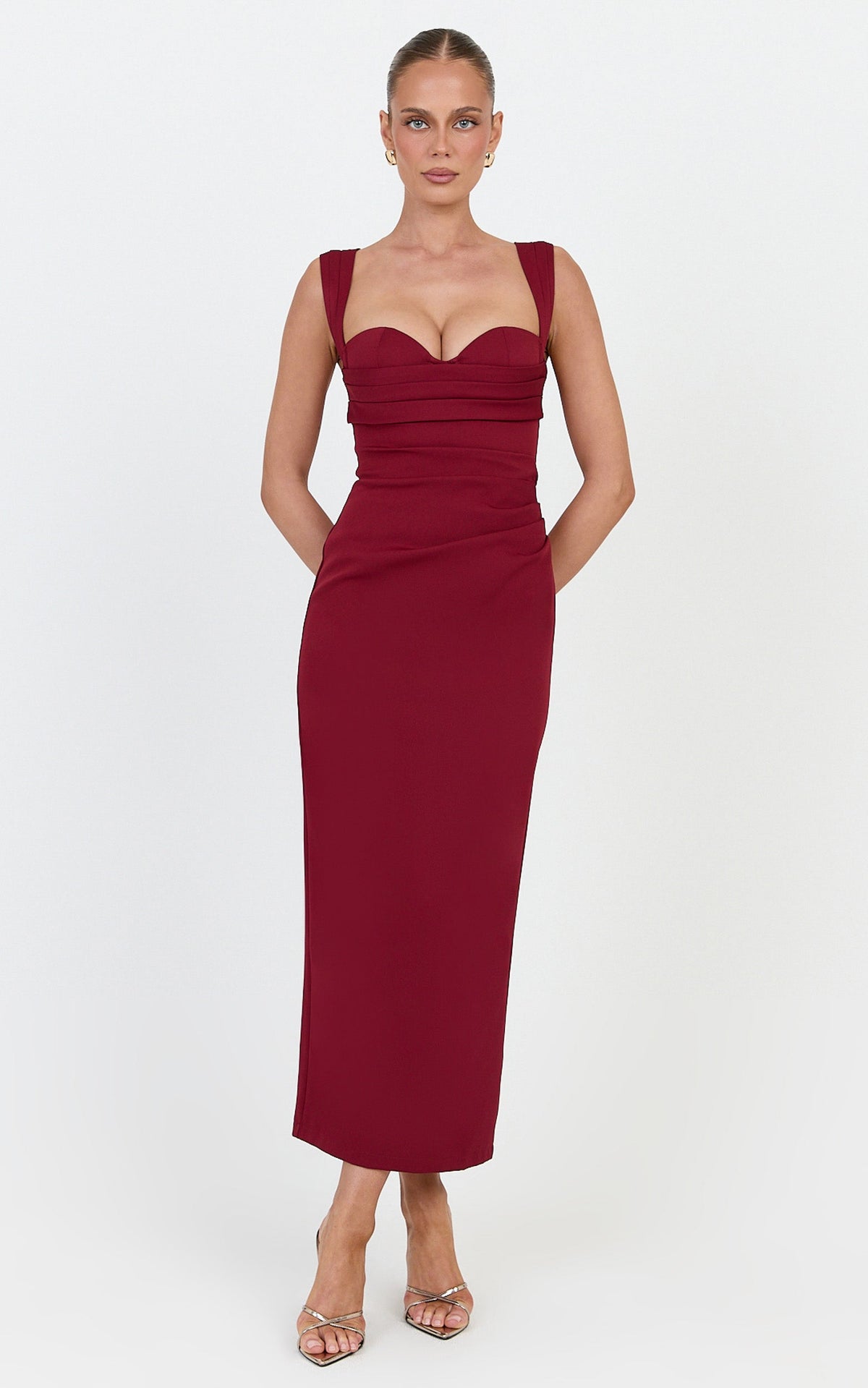 Kenna Midi Dress - Gathered Bust Tucked Waist Dress in Wine