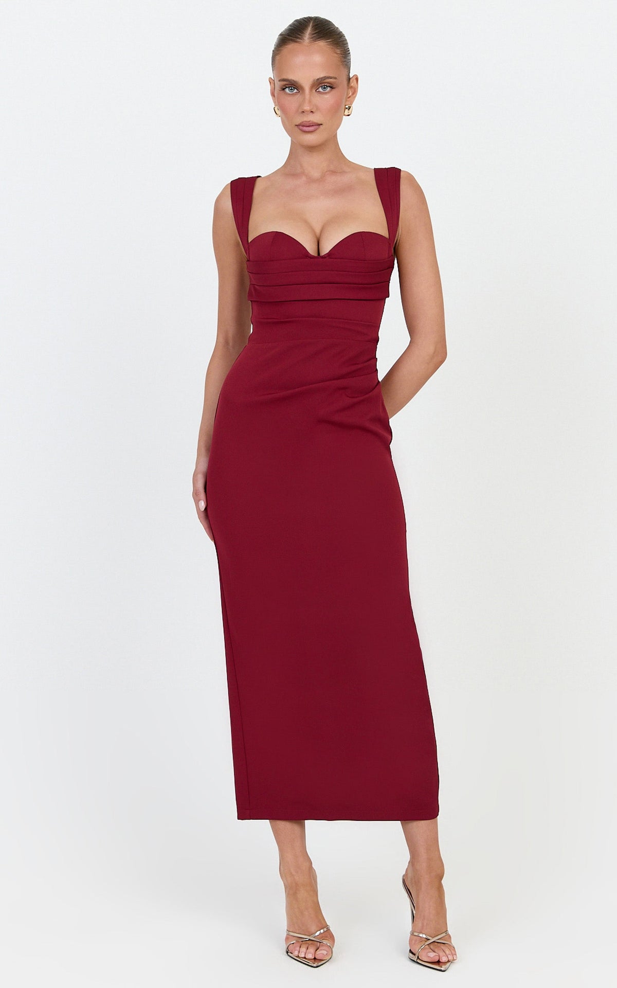 Kenna Midi Dress - Gathered Bust Tucked Waist Dress in Wine