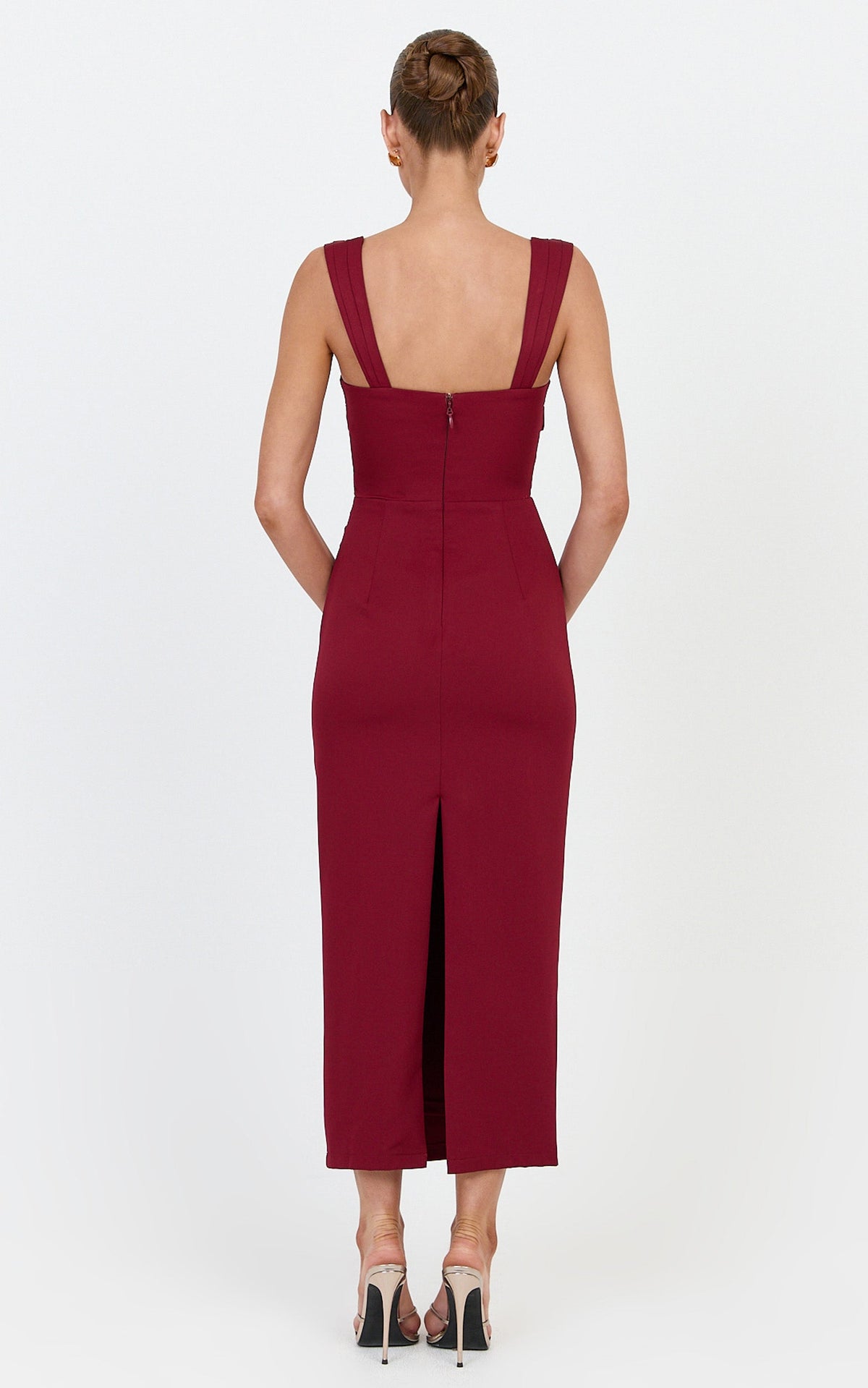 Kenna Midi Dress - Gathered Bust Tucked Waist Dress in Wine