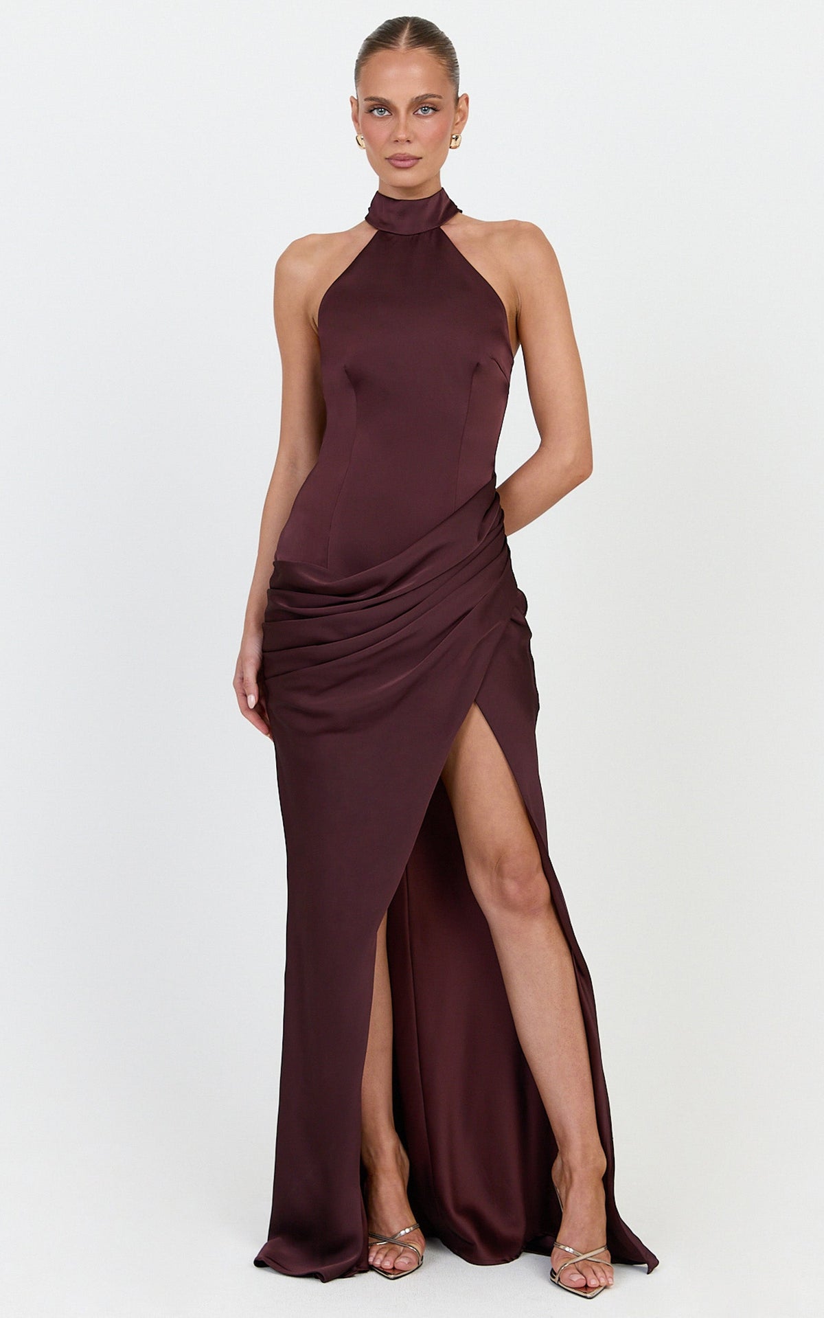 Lillian Maxi Dress - High Neck Halter Dress With Hip Drape And Scarf Detail in Plum