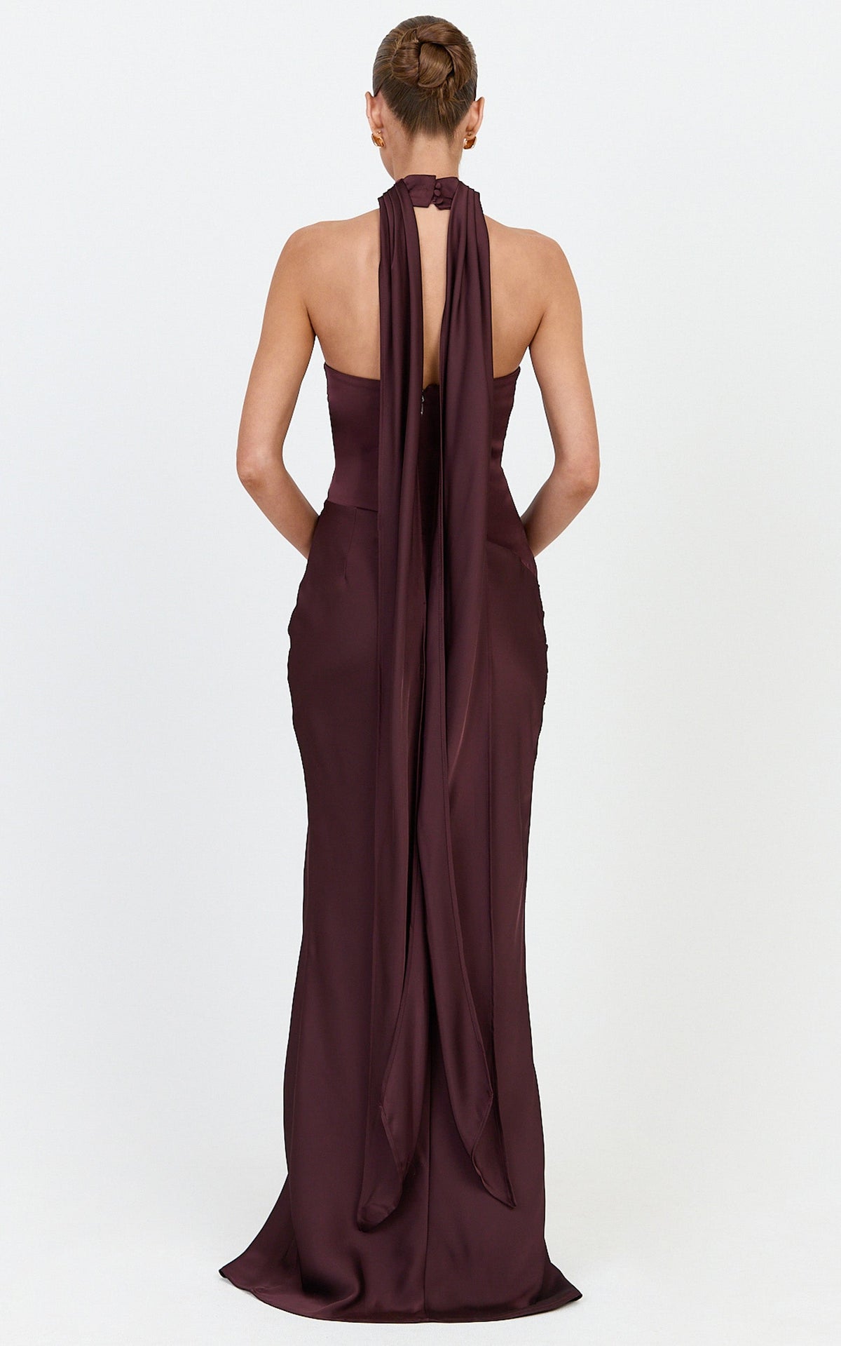 Lillian Maxi Dress - High Neck Halter Dress With Hip Drape And Scarf Detail in Plum