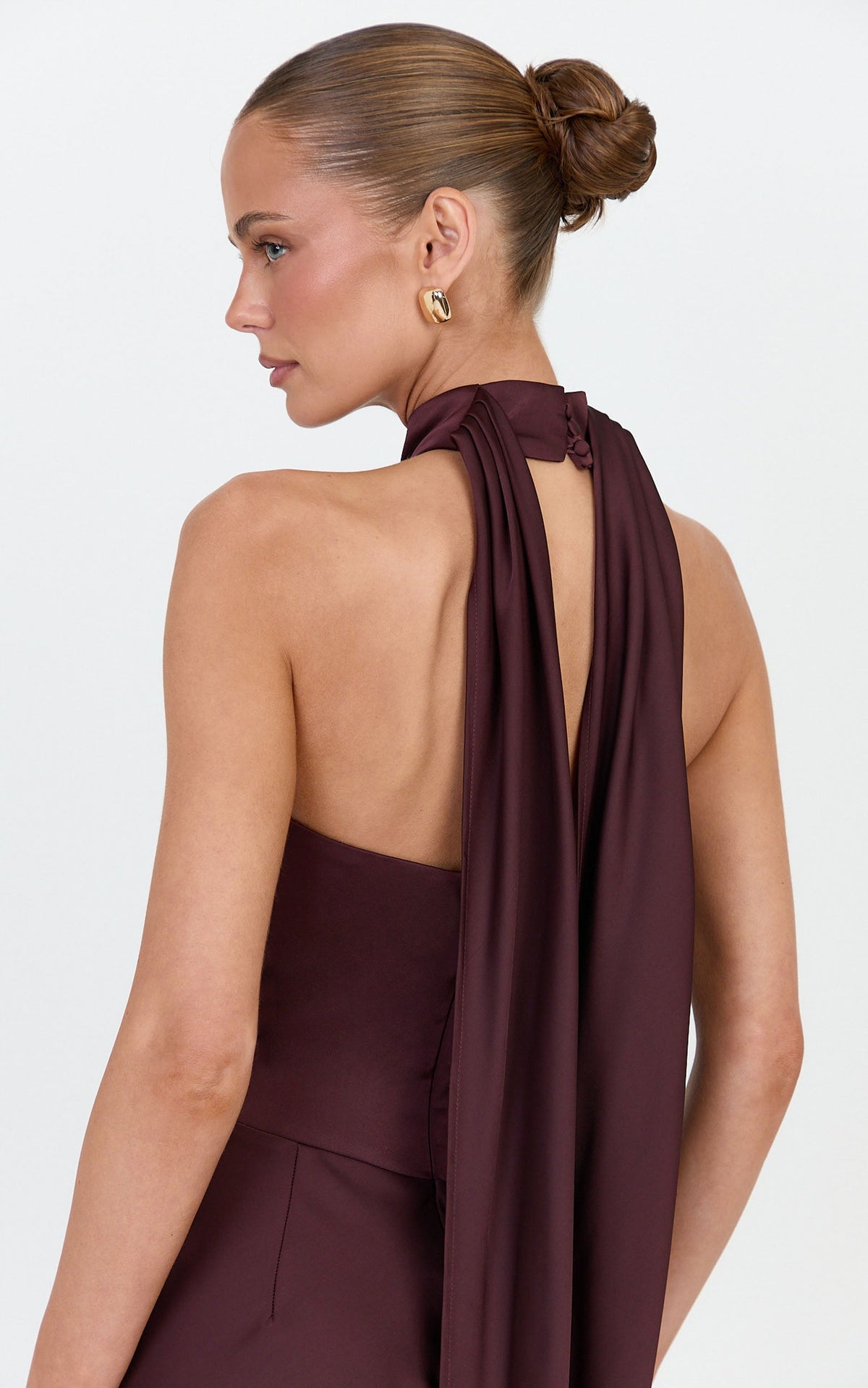 Lillian Maxi Dress - High Neck Halter Dress With Hip Drape And Scarf Detail in Plum