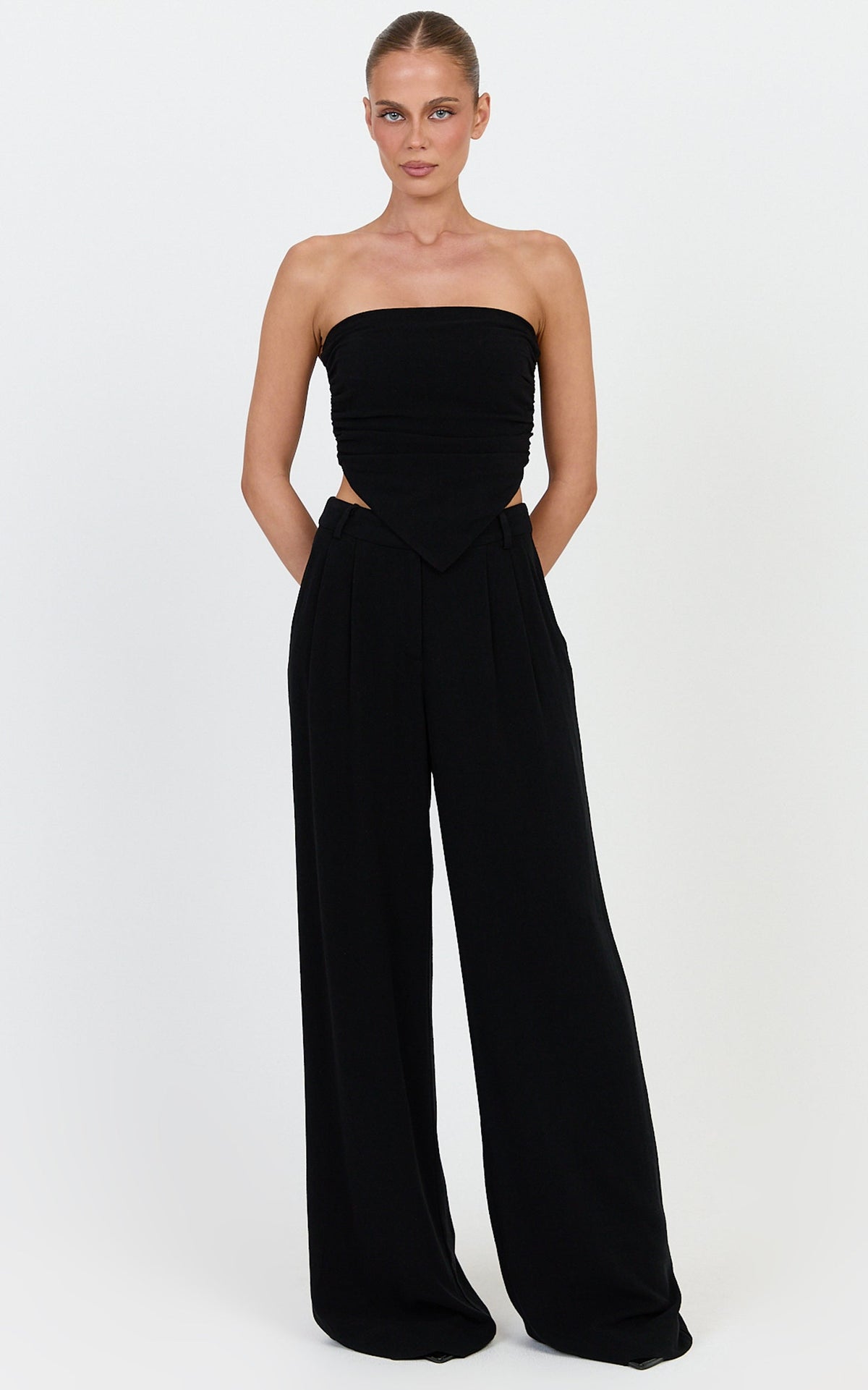 Norma Top - Strapless Linen Blend Scarf Tie Top in Black