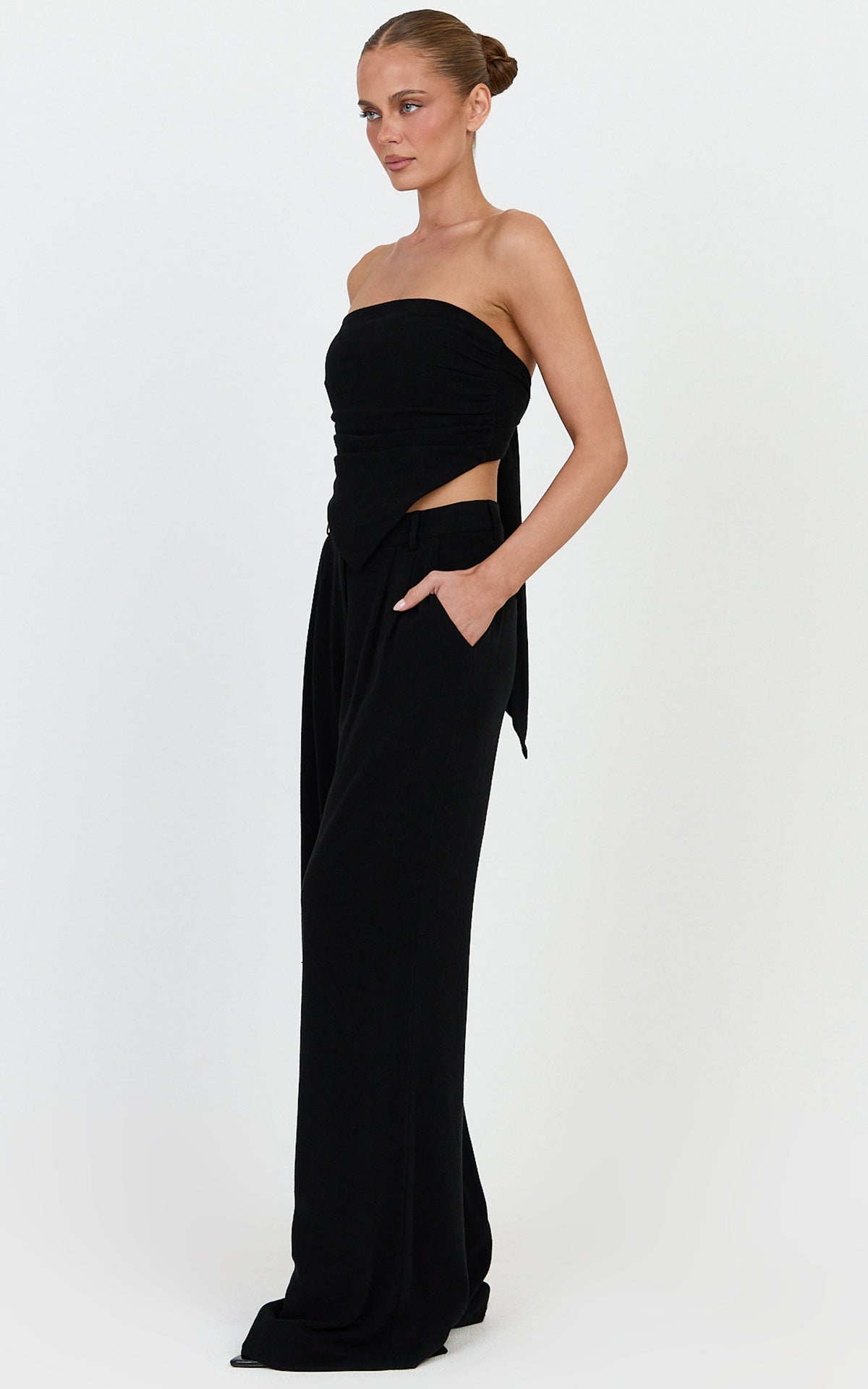 Norma Top - Strapless Linen Blend Scarf Tie Top in Black