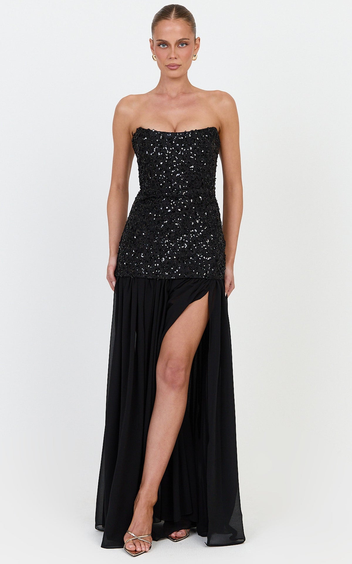 Anastasia Maxi Dress - Contrast Sequin Bodice Fit And Flare Dress in Black