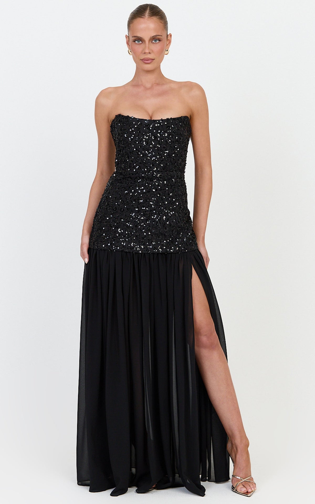 Anastasia Maxi Dress - Contrast Sequin Bodice Fit And Flare Dress in Black