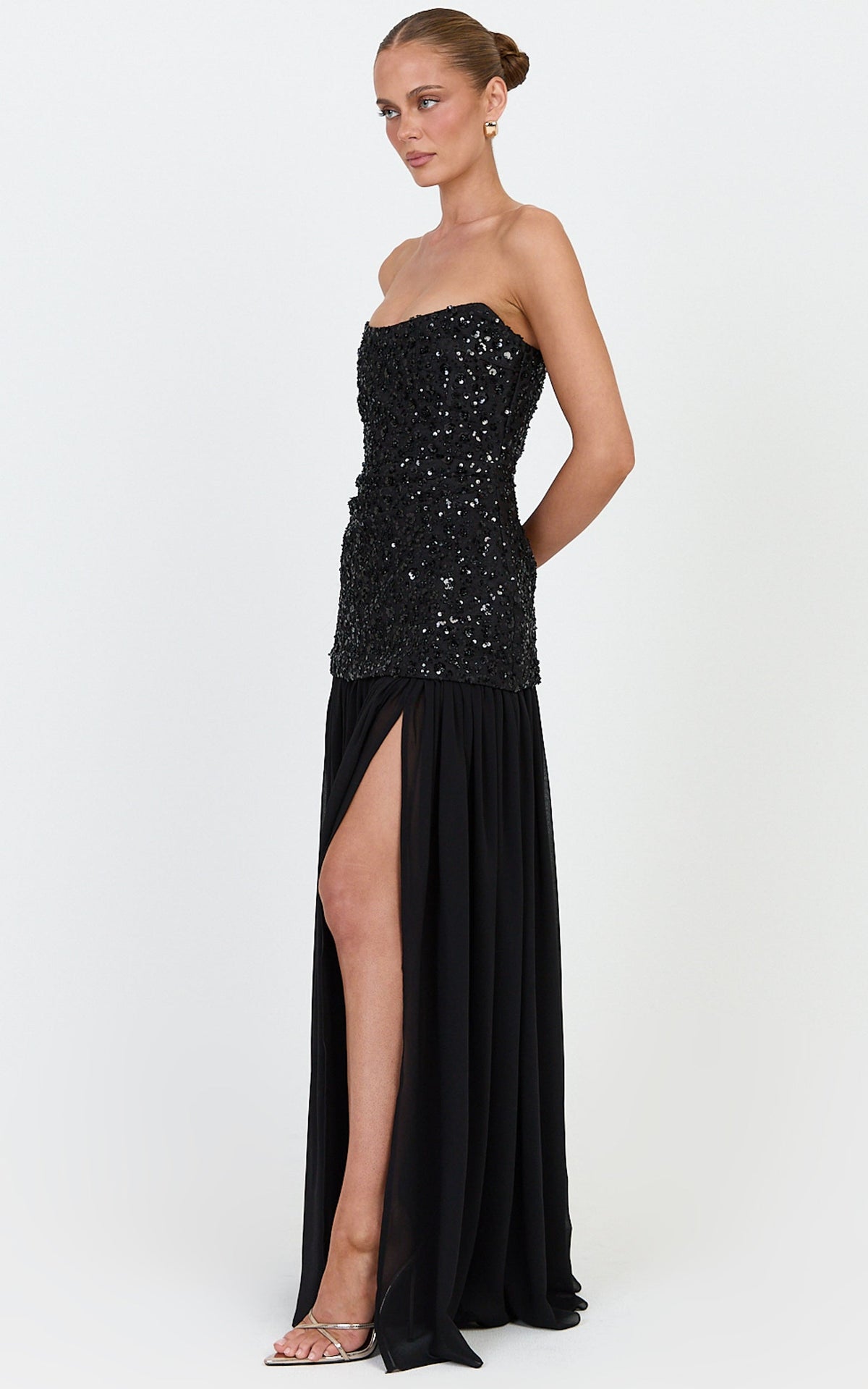 Anastasia Maxi Dress - Contrast Sequin Bodice Fit And Flare Dress in Black
