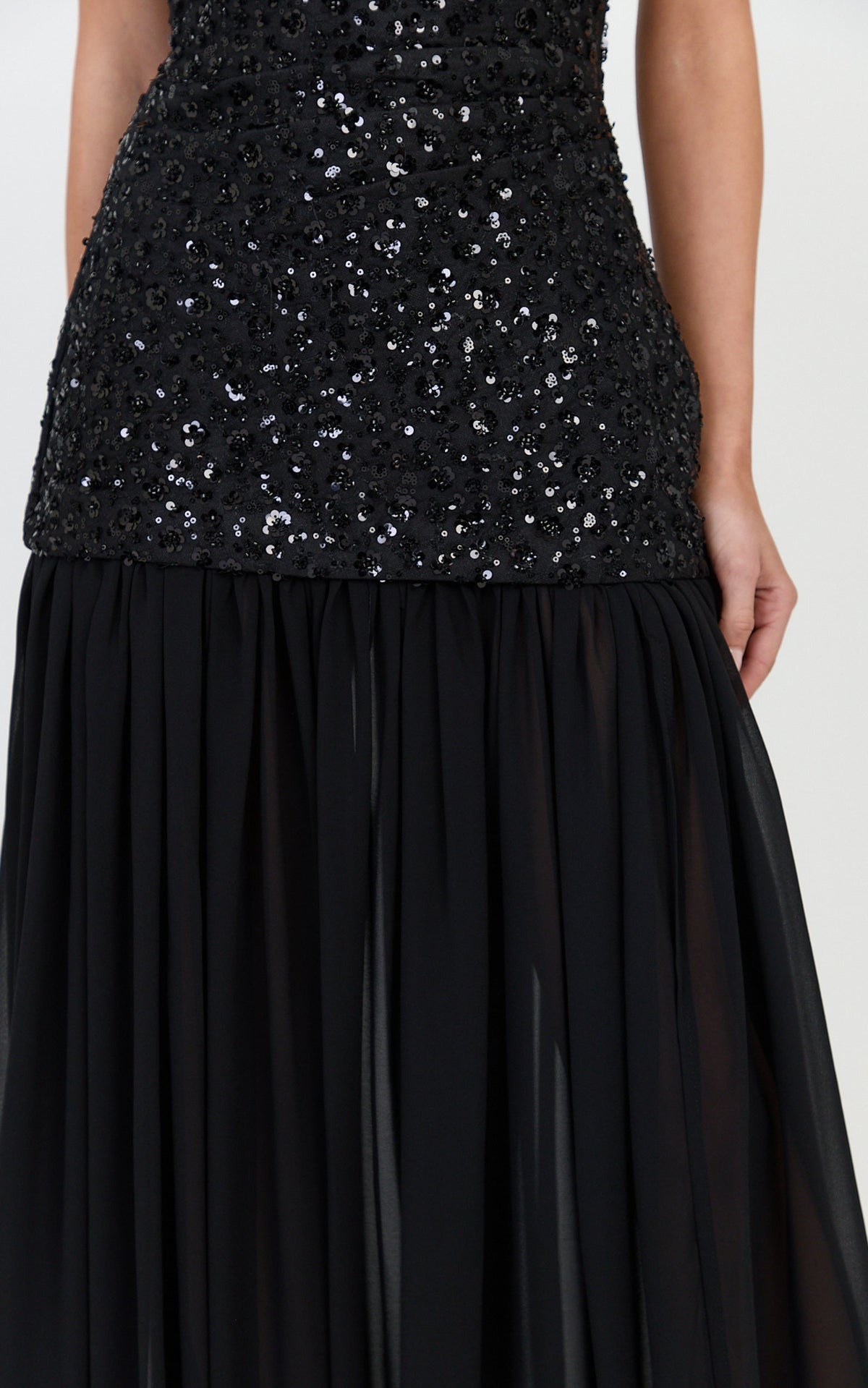 Anastasia Maxi Dress - Contrast Sequin Bodice Fit And Flare Dress in Black