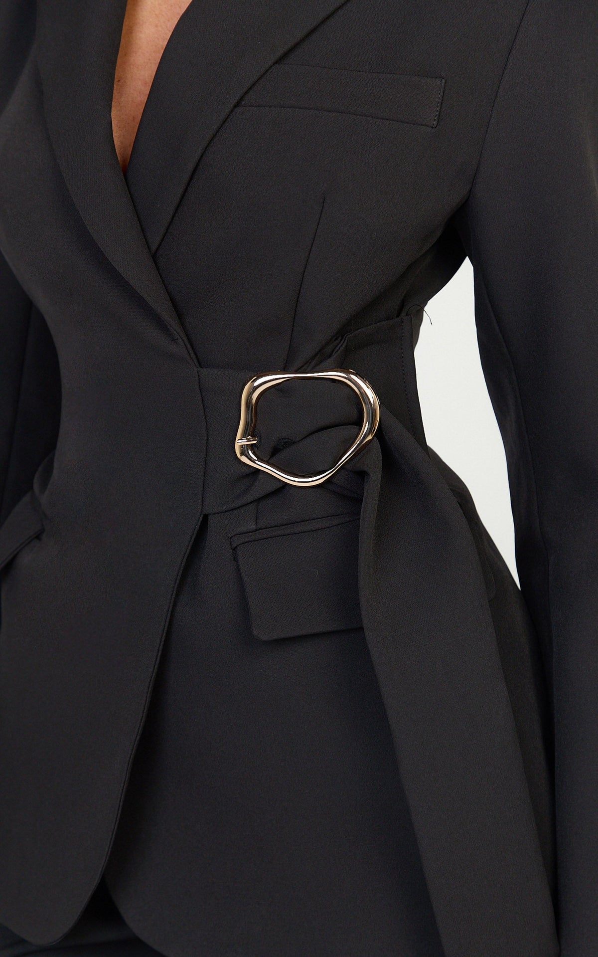 Floriane Blazer - Wrap Front Gold Buckle Detail Blazer in Black