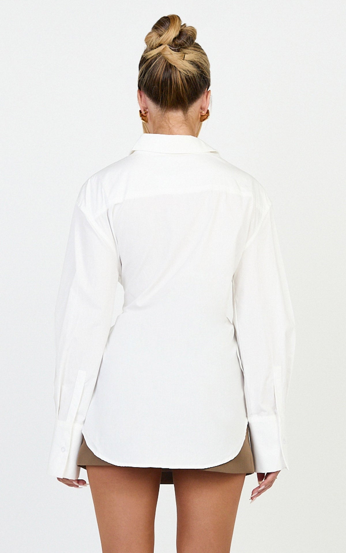 Heloise Top - Wrap Front Buckle and Tie Detail LS Shirt in White